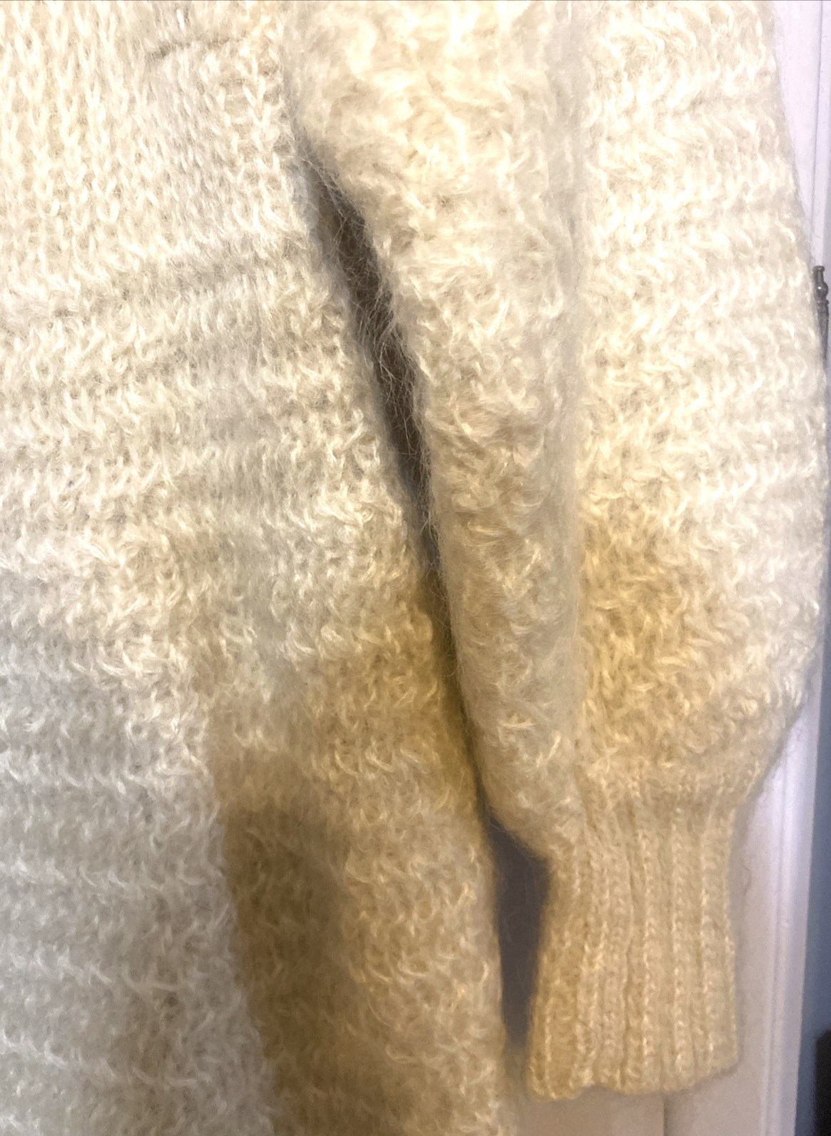 Vintage 60s_Ivory Long Mohair Wool High-Neck Capelet Collar Knit Coat, Sz S