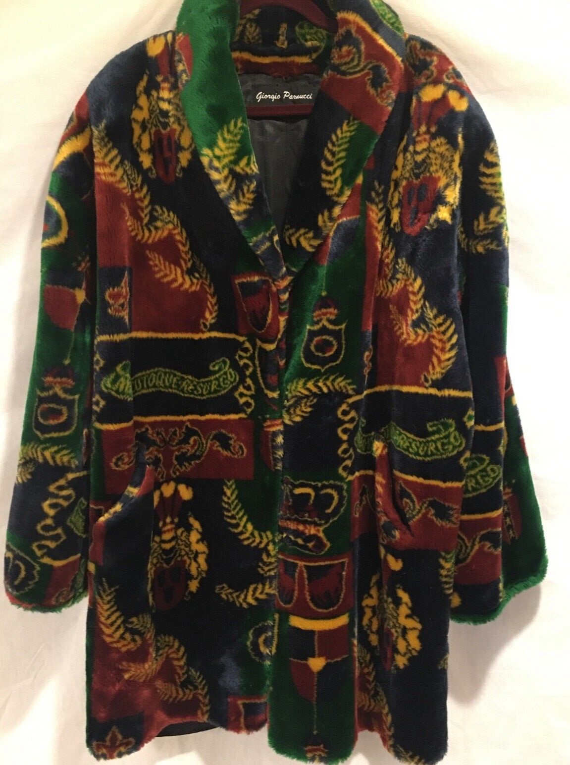 VINTAGE GIORGIO PARNUCCI PARIS NEW YORK ROME ROYAL/CROWN FAUX FUR COAT SZ LARGE 