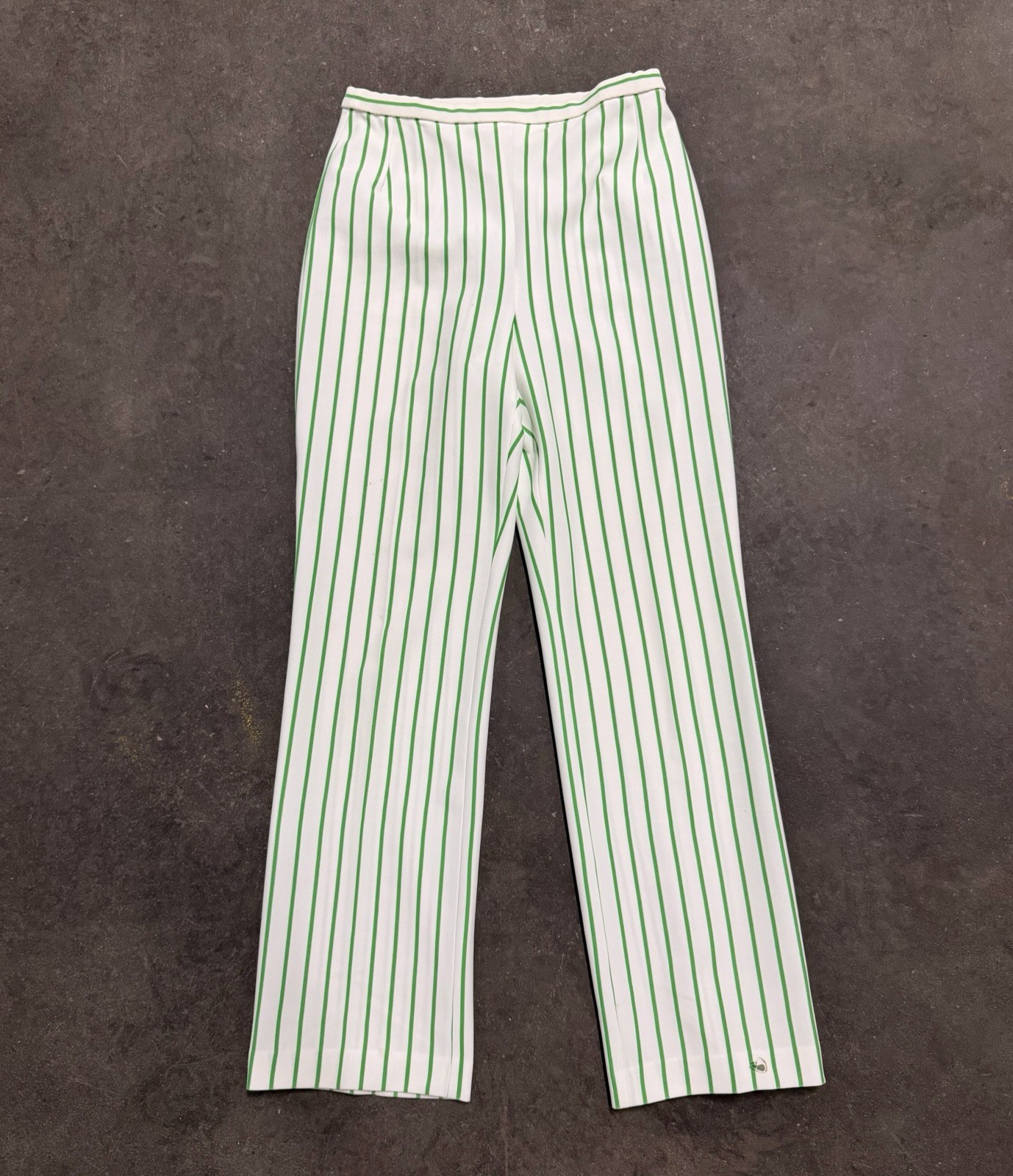 Vintage 1970s Green White Striped High Rise Polyester Trousers Hippy Retro