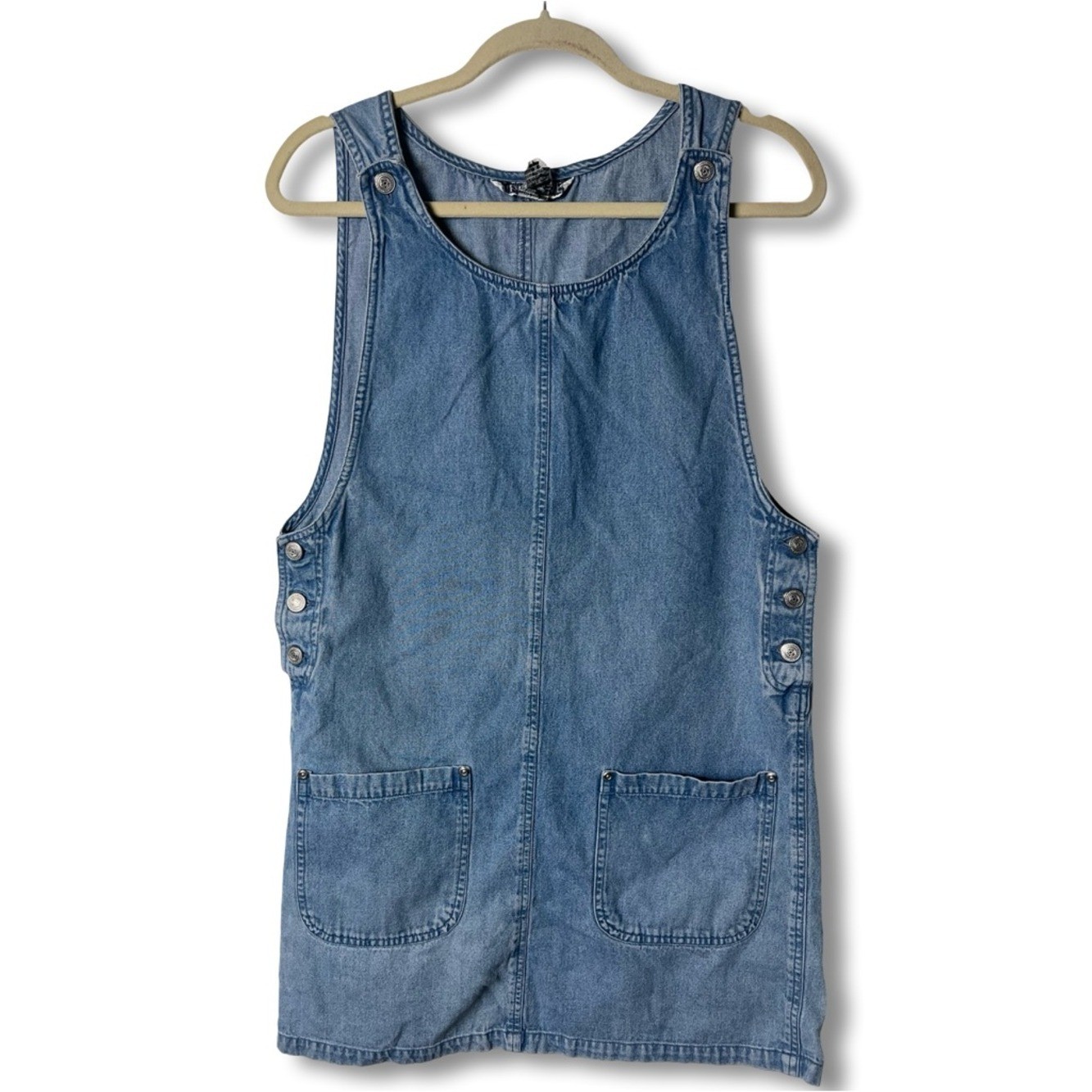 Vtg 90s Directives Denim Mini Pinafore Jumper Dress Button Straps Pockets Sz S