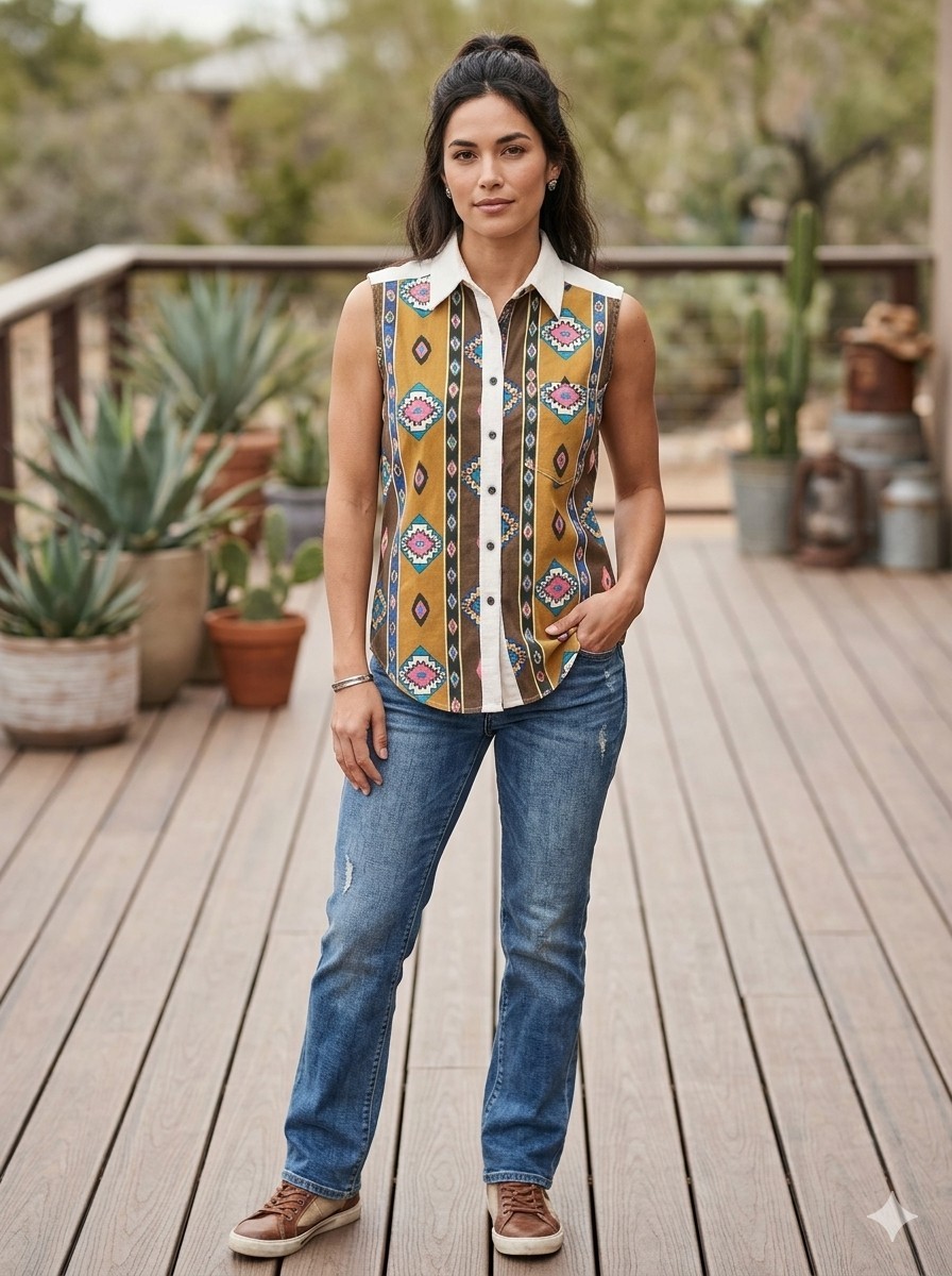 VINTAGE 90s Nuovo County Seat Southwestern Aztec Geometric Denim Vest M