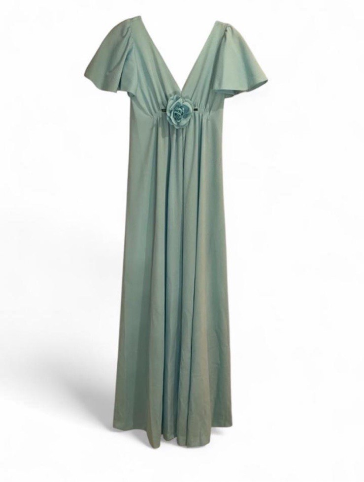 True Vintage Handmade Baby Blue 70s Maxi Dress Prom Formal Rosette XS/s/m AS IS