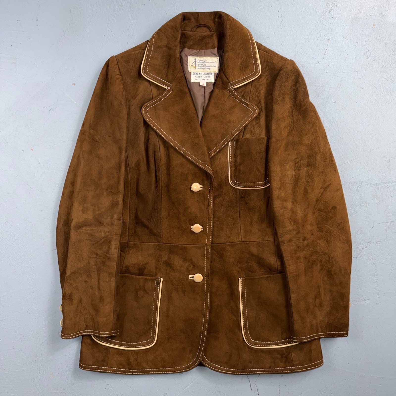 VTG Penneys 70s Suede Leather Button Up Jacket Brown Boho Hippie Western Sz 12