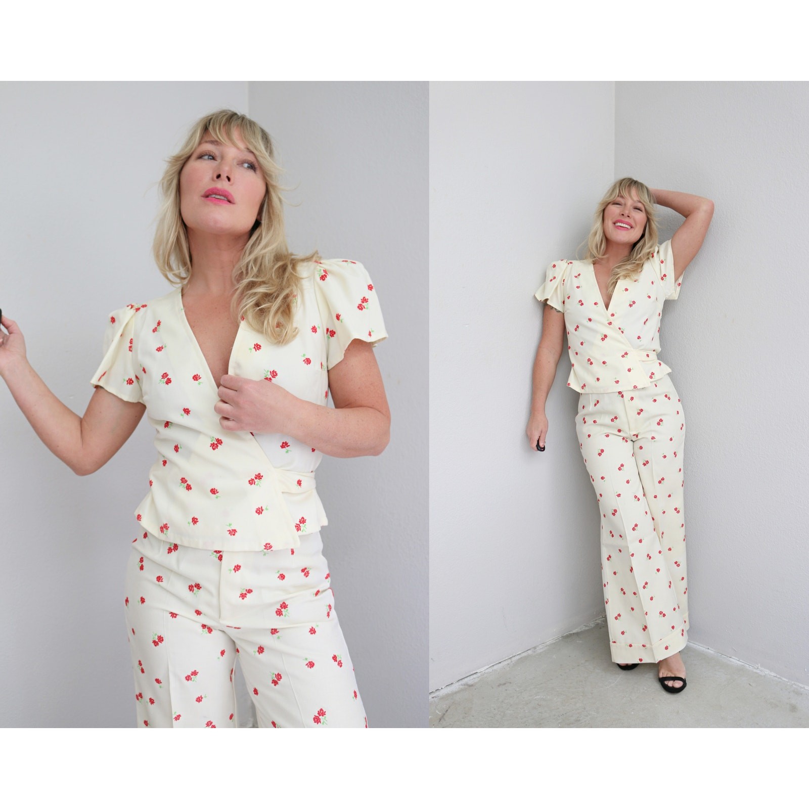 1970’s Vintage Bouquet Floral Wide Leg Pants & Wrap Blouse ~ Women’s XXS to XS