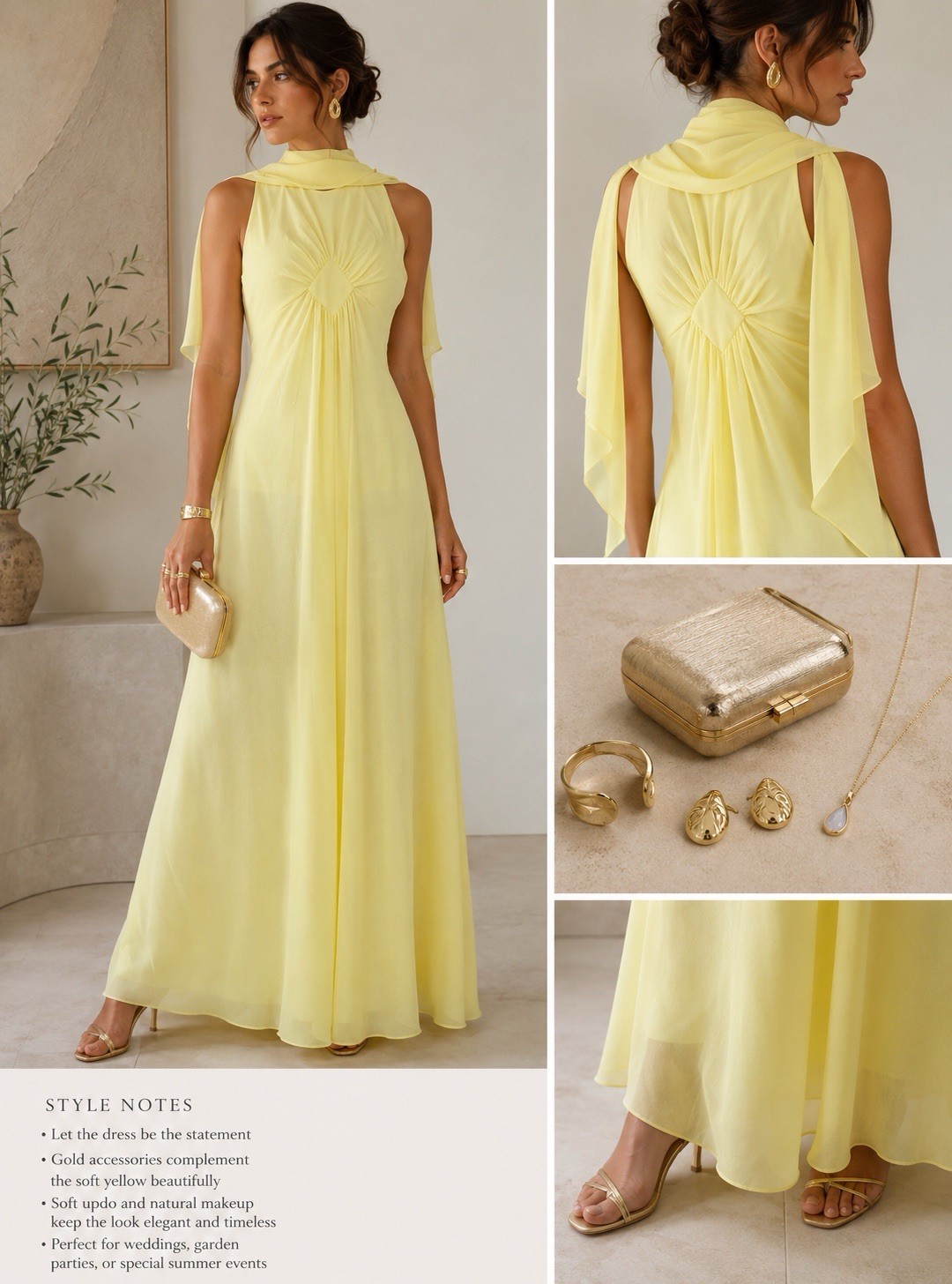 Vintage 70s Lorrie Deb Union Made Yellow Chiffon Maxi Dress Ruffle Cape