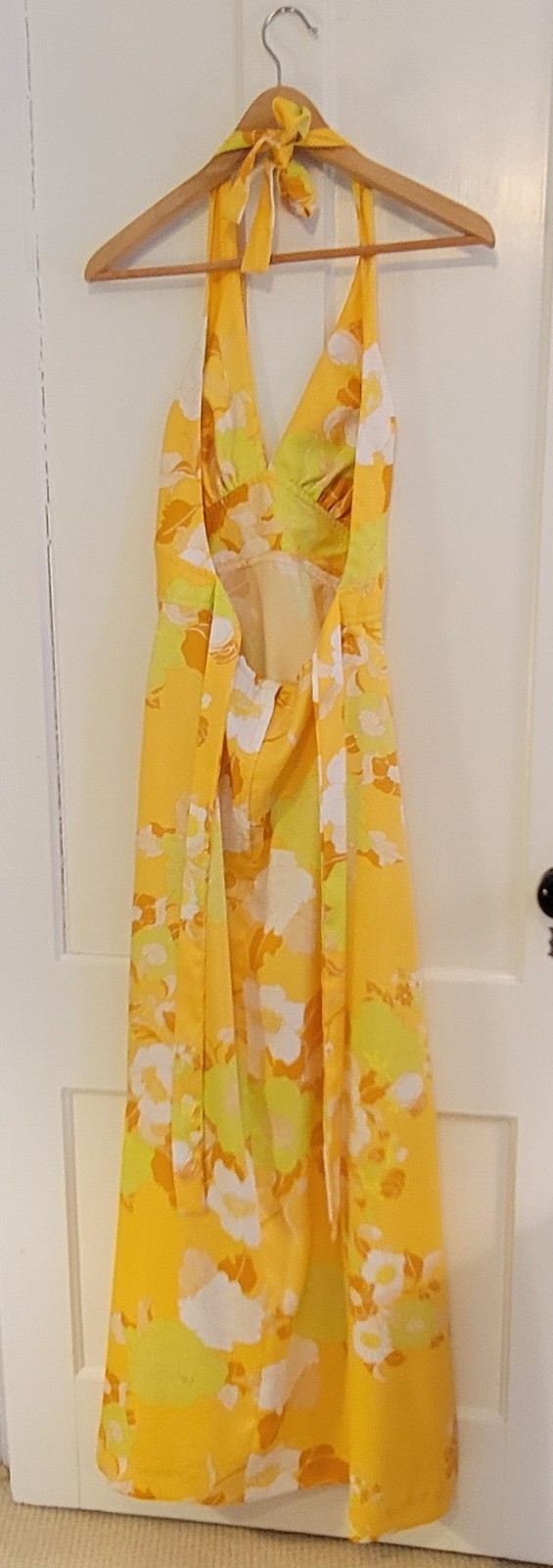 70s Vintage Sunny Yellow Summer Halter Dress With Open Back Ties & Zipper 🌼