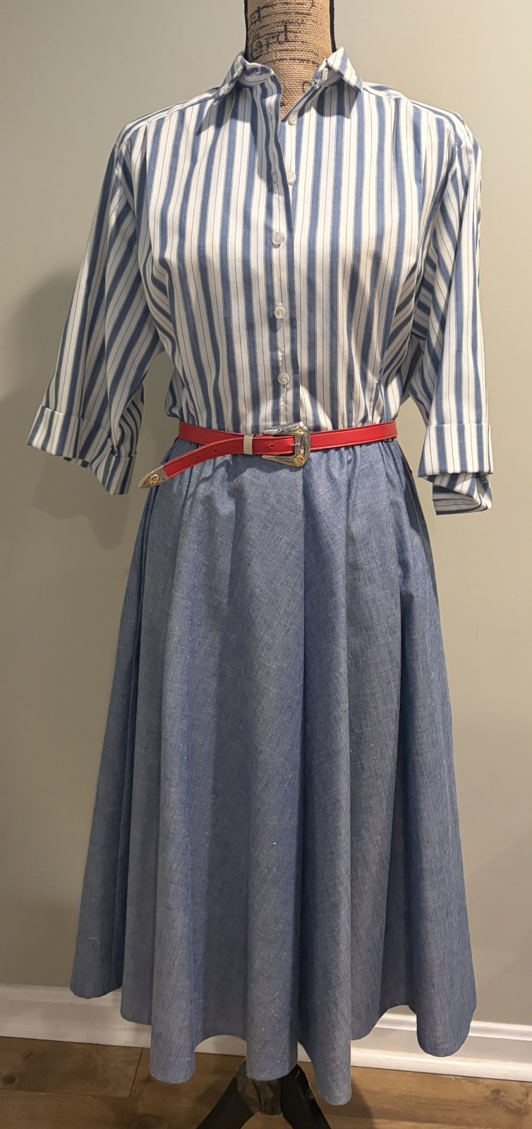 Vintage 1970s Schrader Sport NY Striped Shirt Dress – Blue Chambray Midi – Sz 10