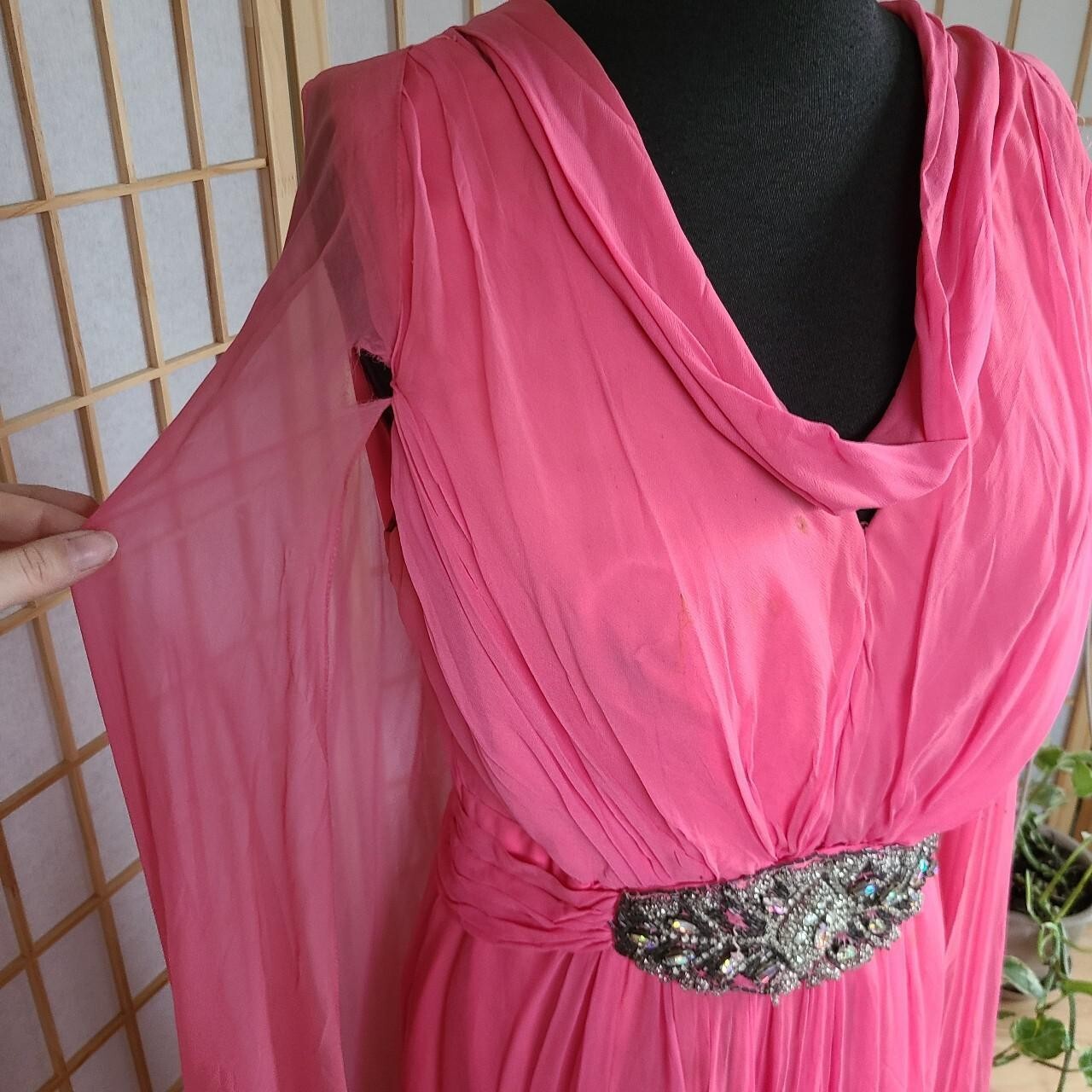 Vintage 60s Pink Silk Rayon Chiffon Gown with Rhinestone