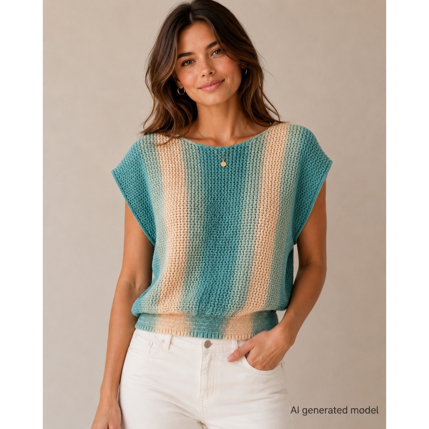 Vintage Striped Crochet Knit Smocked Waist Top Teal Peach Blue Short Sleeve S