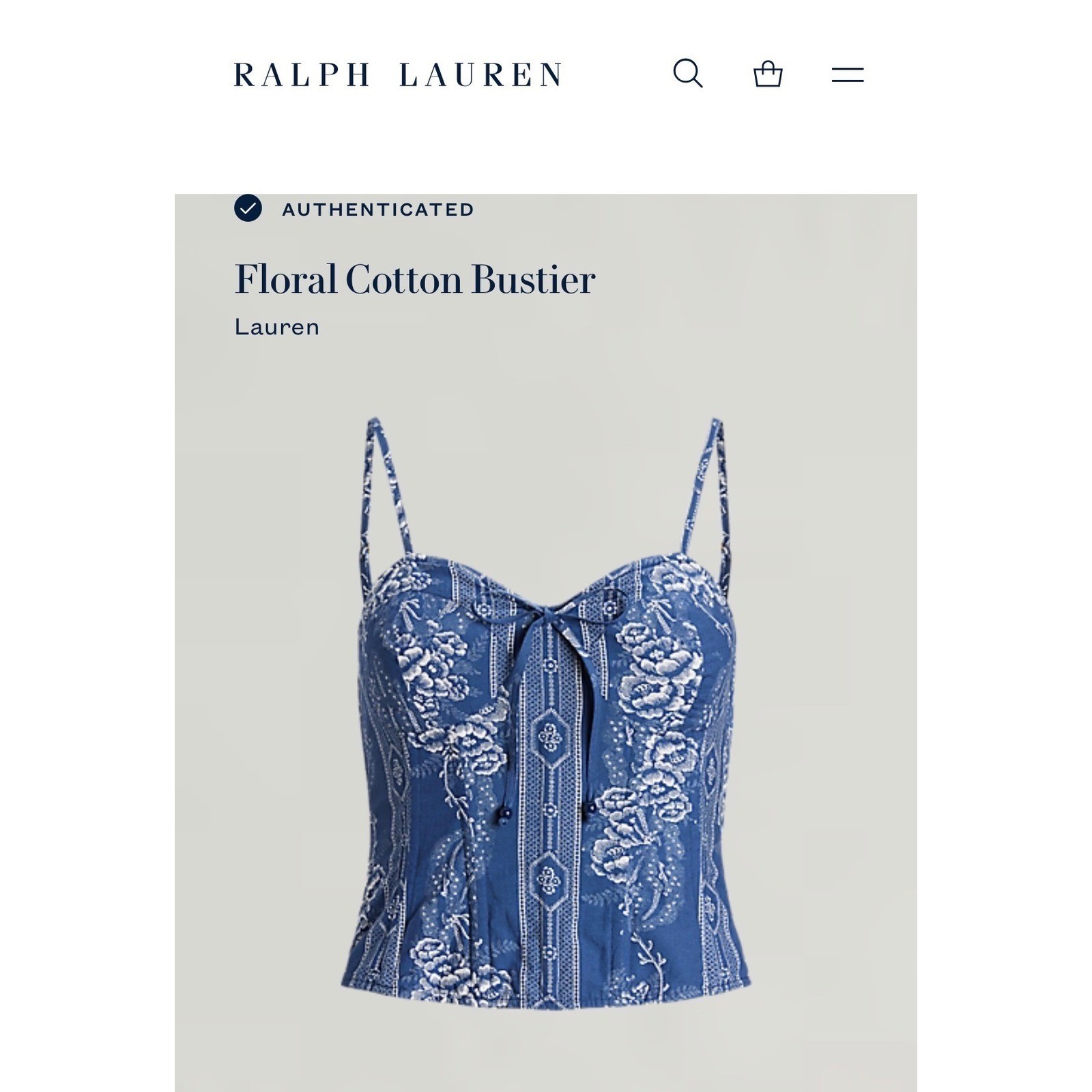 Black Label Ralph Lauren Cami Top 16 Blue Floral Bustier Corset Sweetheart Tie