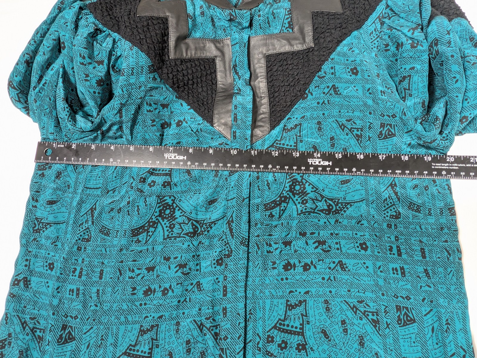 Vtg Bellino Paris 100% Silk Blouse Jacket 10 Teal Geometric Black Leather Trim