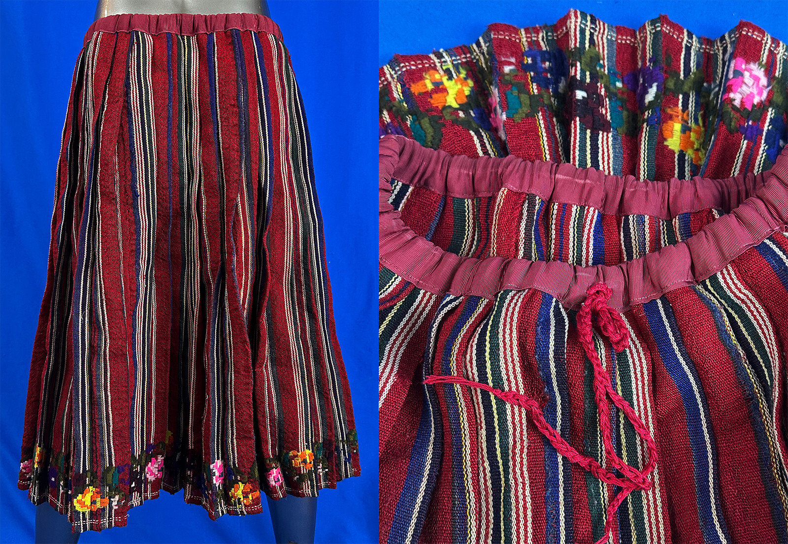 Antique Bulgarian Embroidered Woven Wool Striped Pleated Folk Costume Skirt VTG