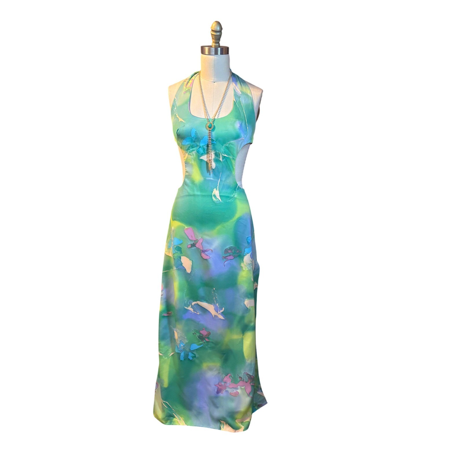 Watercolor Abstract Maxi Dress Set Halter Cutout Bolero Hippie Green Vintage
