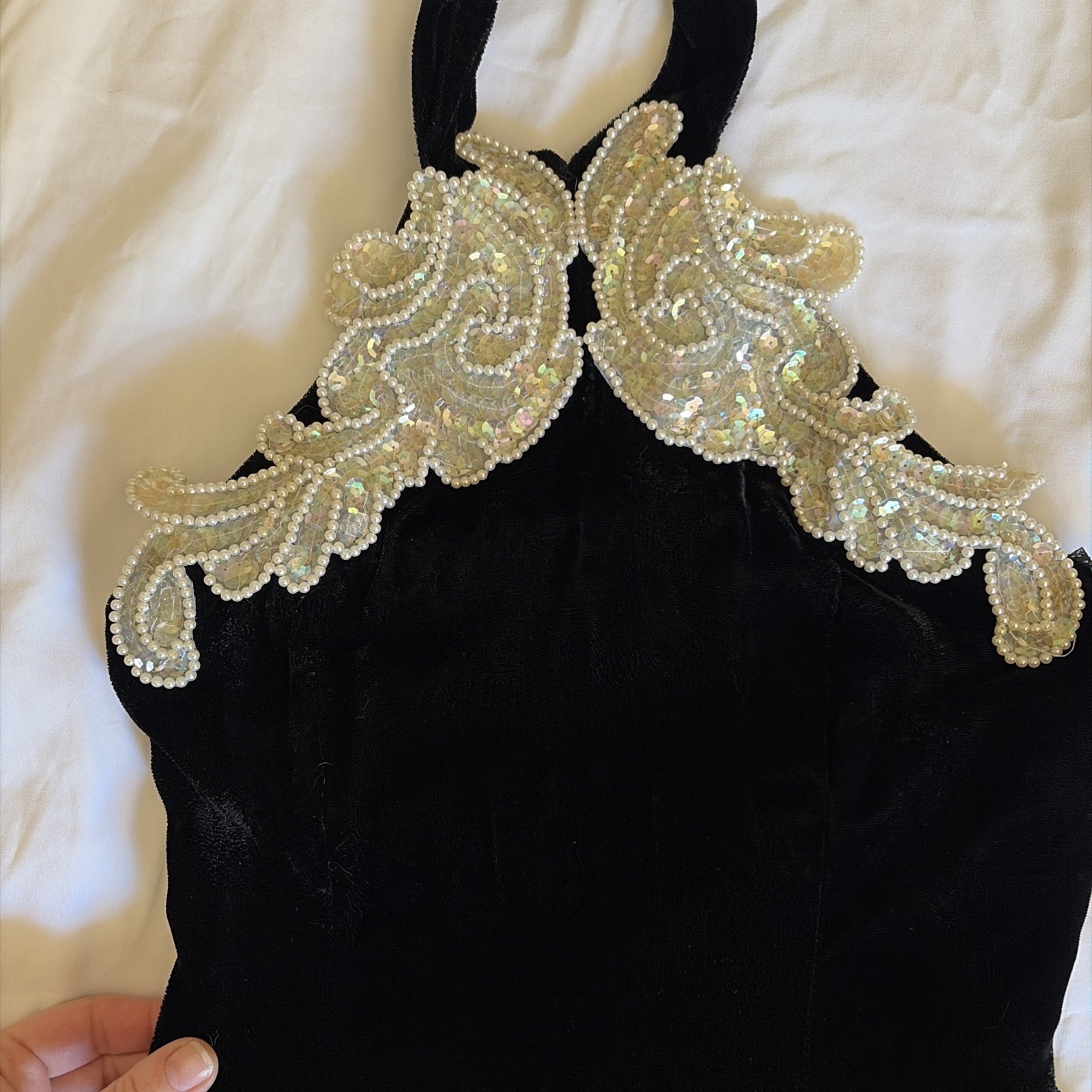 Vintage Black Velvet Sequin Crinoline 80s Backless Prom Cocktail Dress