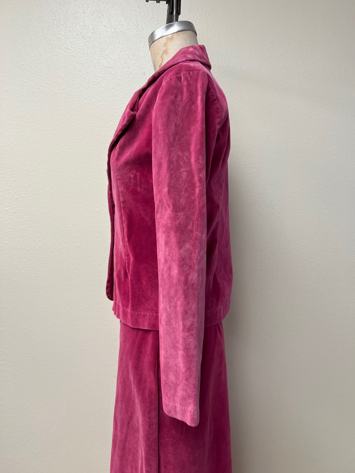 Vintage 1970s Lemon Frog Velour Pink Blazer and Maxi Skirt Set Pink Small
