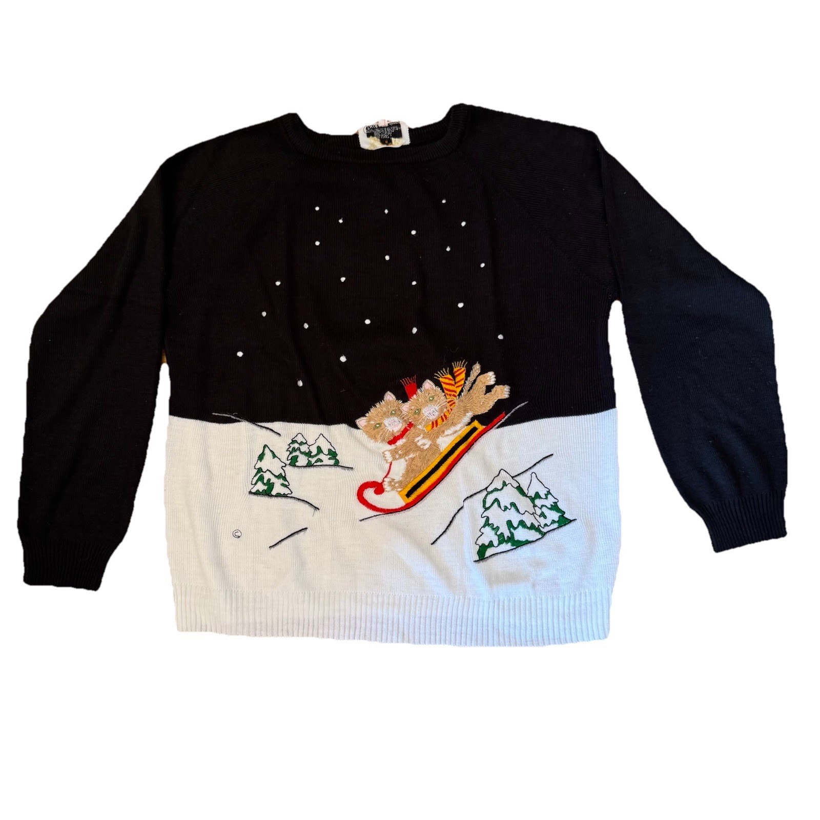 Vtg Cyn Les Novelty Sweater Wmns Sz 44 XL Cats Sleigh Snow Embroidered Holiday