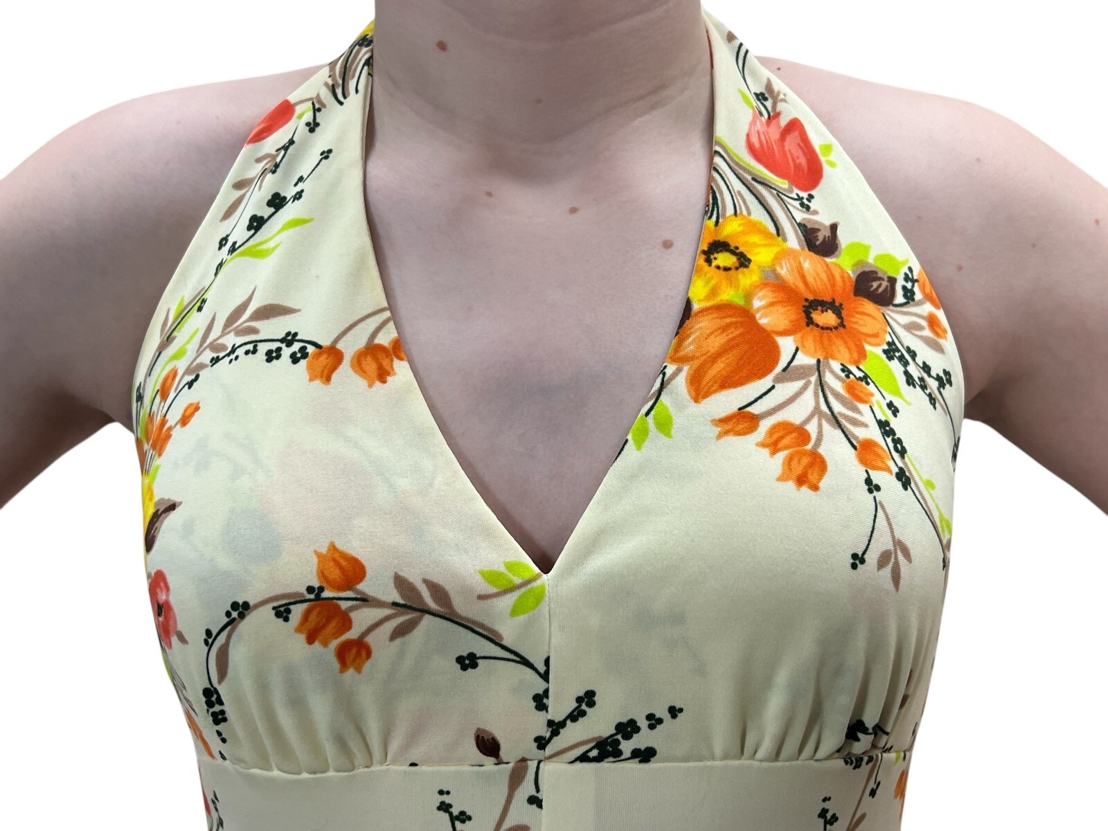 S Vtg 60s 70s Maxi Dress Lined HALTER Open Back ORANGE Floral Flat Knit Boho