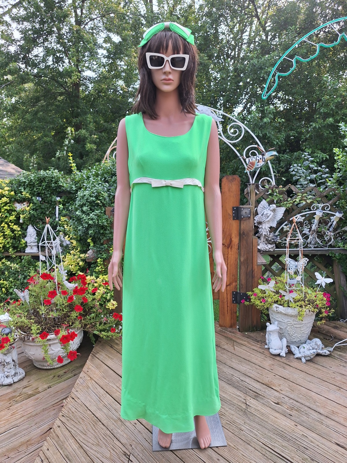 True VTG Mid-century Mod 1960s Crepe Empire Waist Bridesmaid Maxi Dress M/L Bow