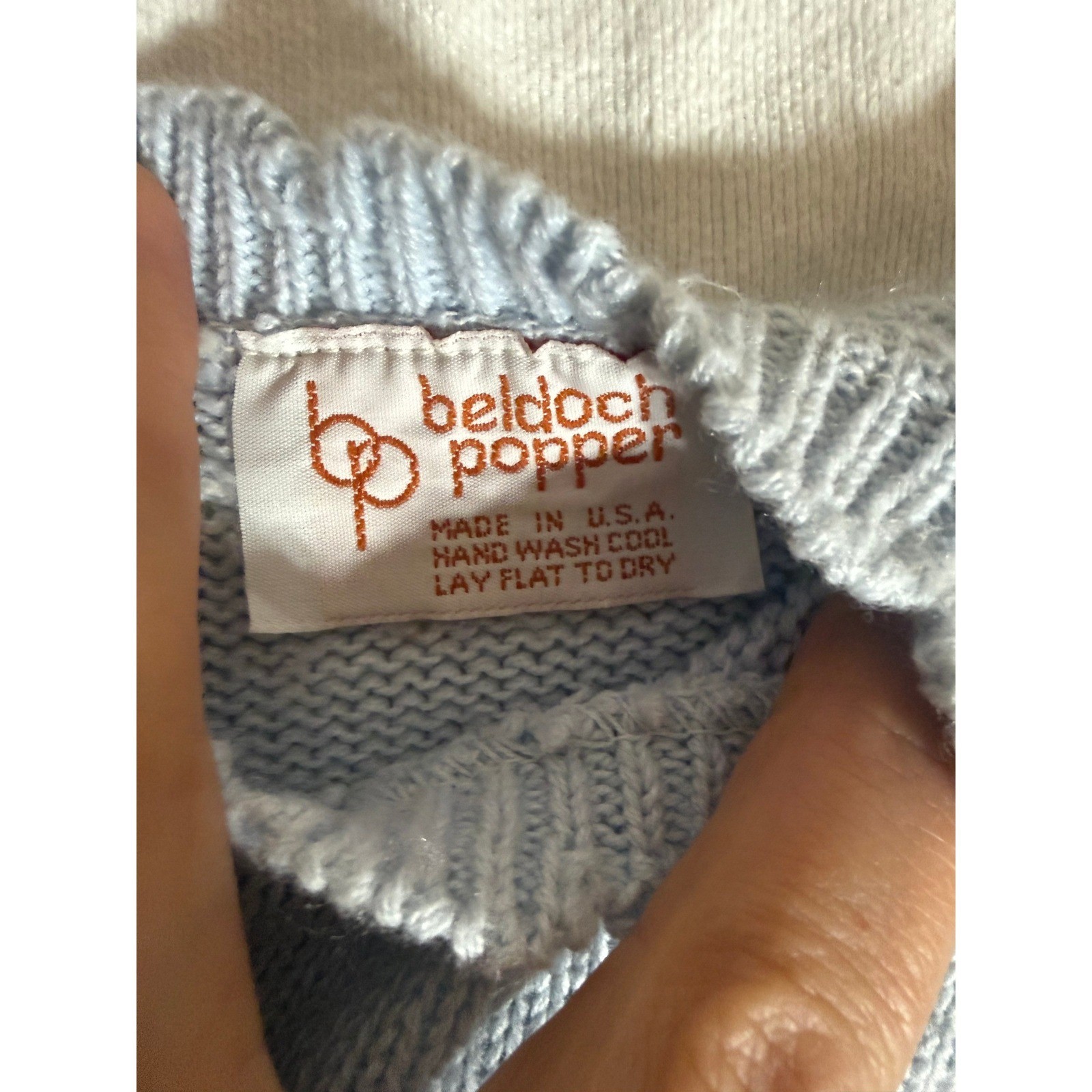 Vintage Beldoch Popper Pastel Floral Knit Sweater Blue Puffed Sleeve Made in USA
