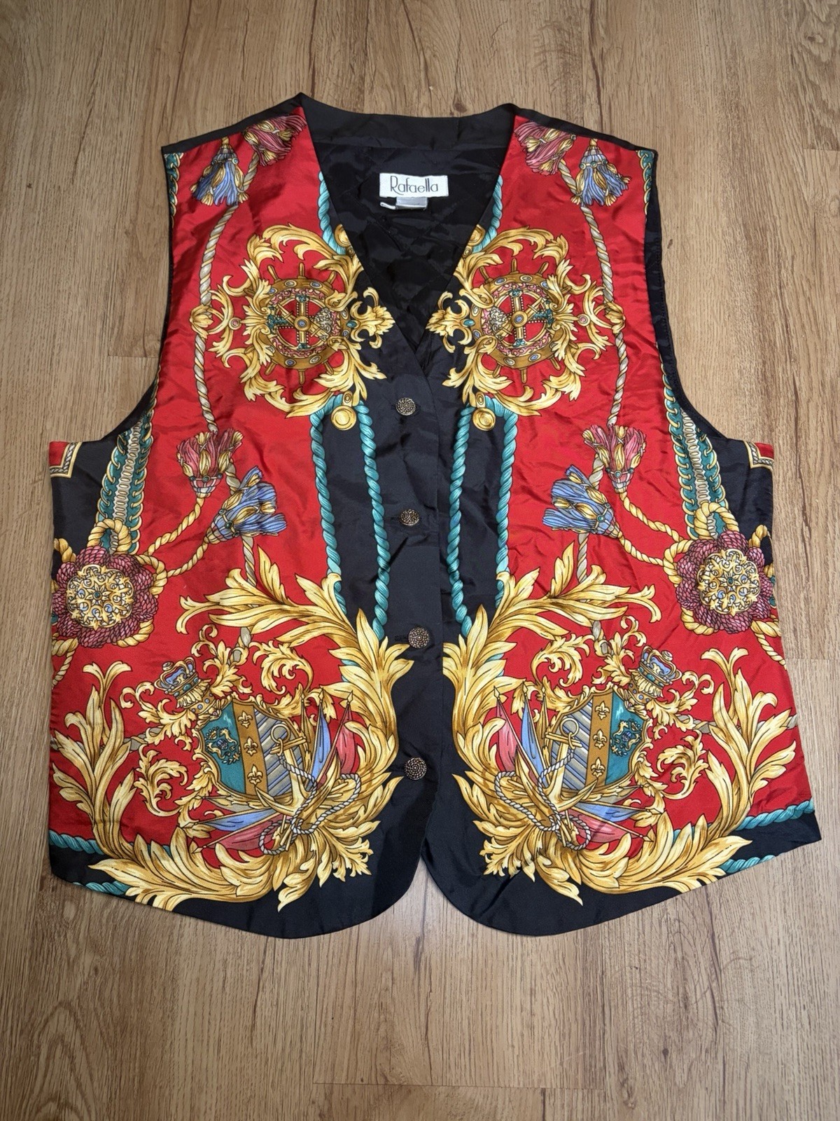 VTG Rafaella 100% Silk Vest Women’s Large Gold Buttons Baroque Regal Quilted