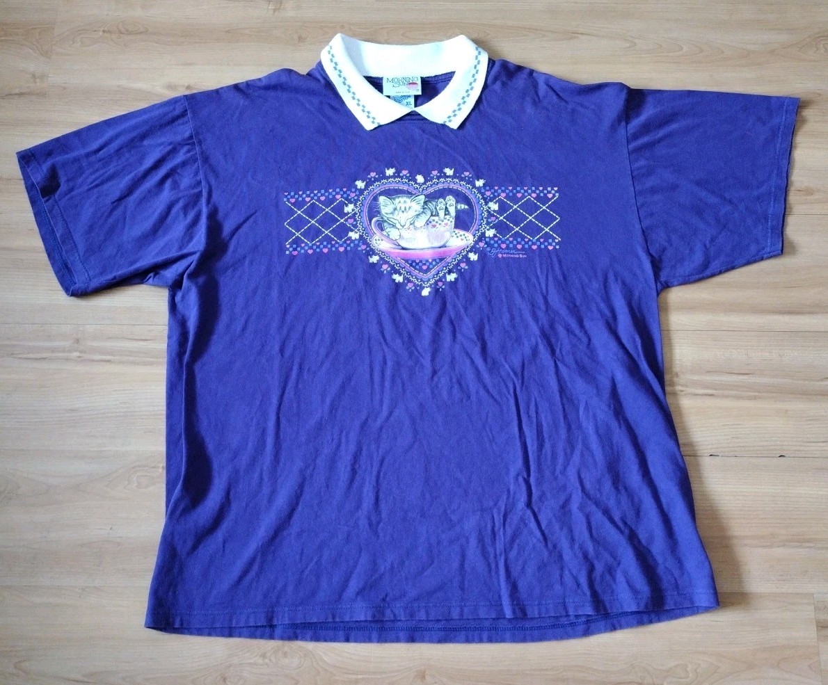 Vintage XL Grandma Style Morning Sun Jerzees Purple Cat Sleeping USA Made Shirt