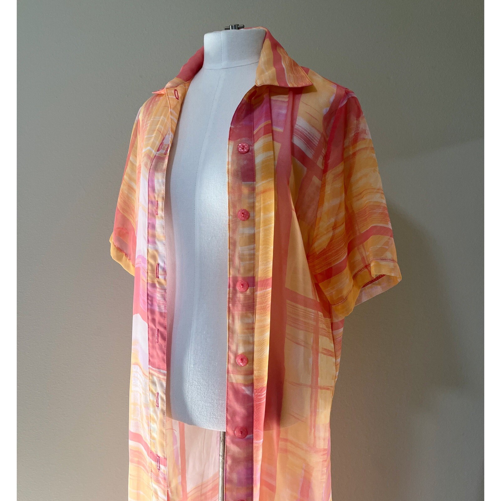 Vintage Seasuns Pink Orange Ombré Sheer Button Down Cover Up Dress