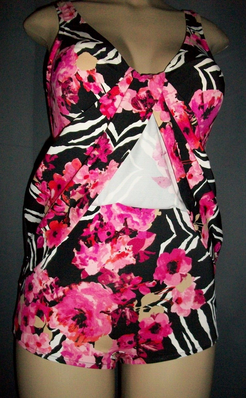 Vtg Maxine of Hollywood Pink Flower Skirted One Piece Nylon Swimsuit 12 M