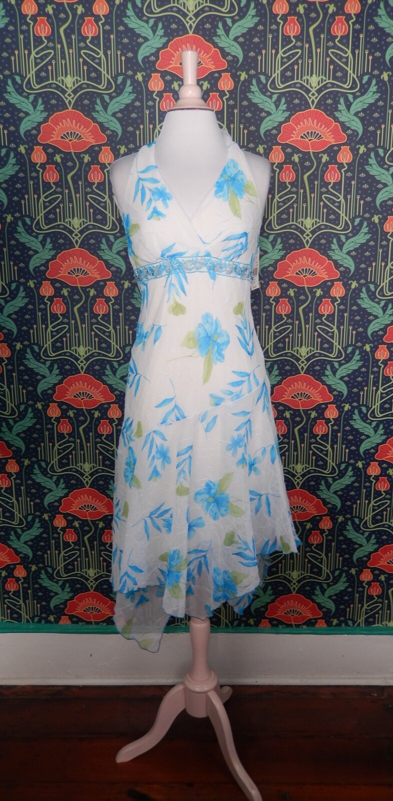 Vintage 90’s Y2K White Blue Asymmetrical Hem Floral Fairycore Halter Dress