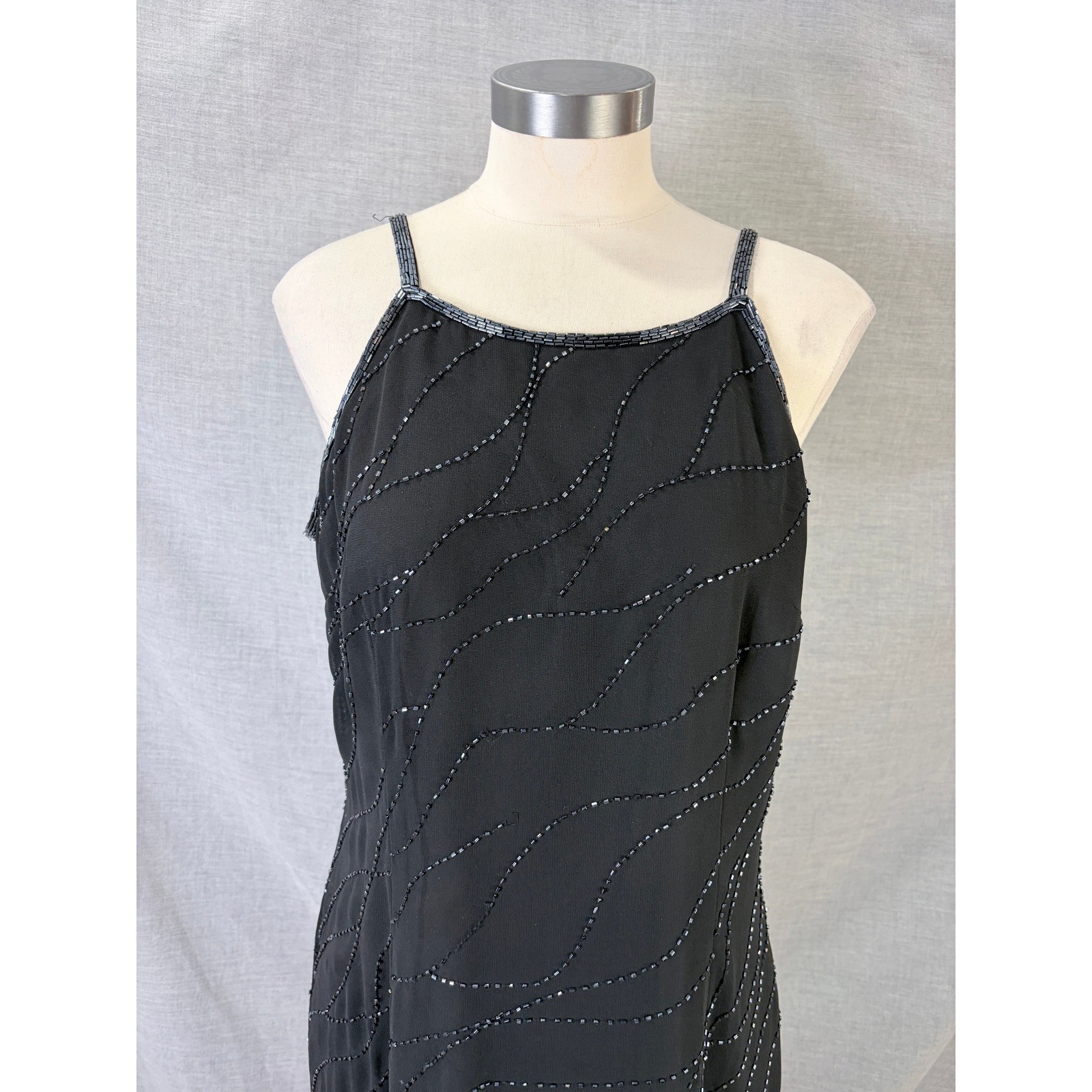 Onyx Nite Black Iridescent Beaded Slip Gown Formal Maxi Dress Vintage 12