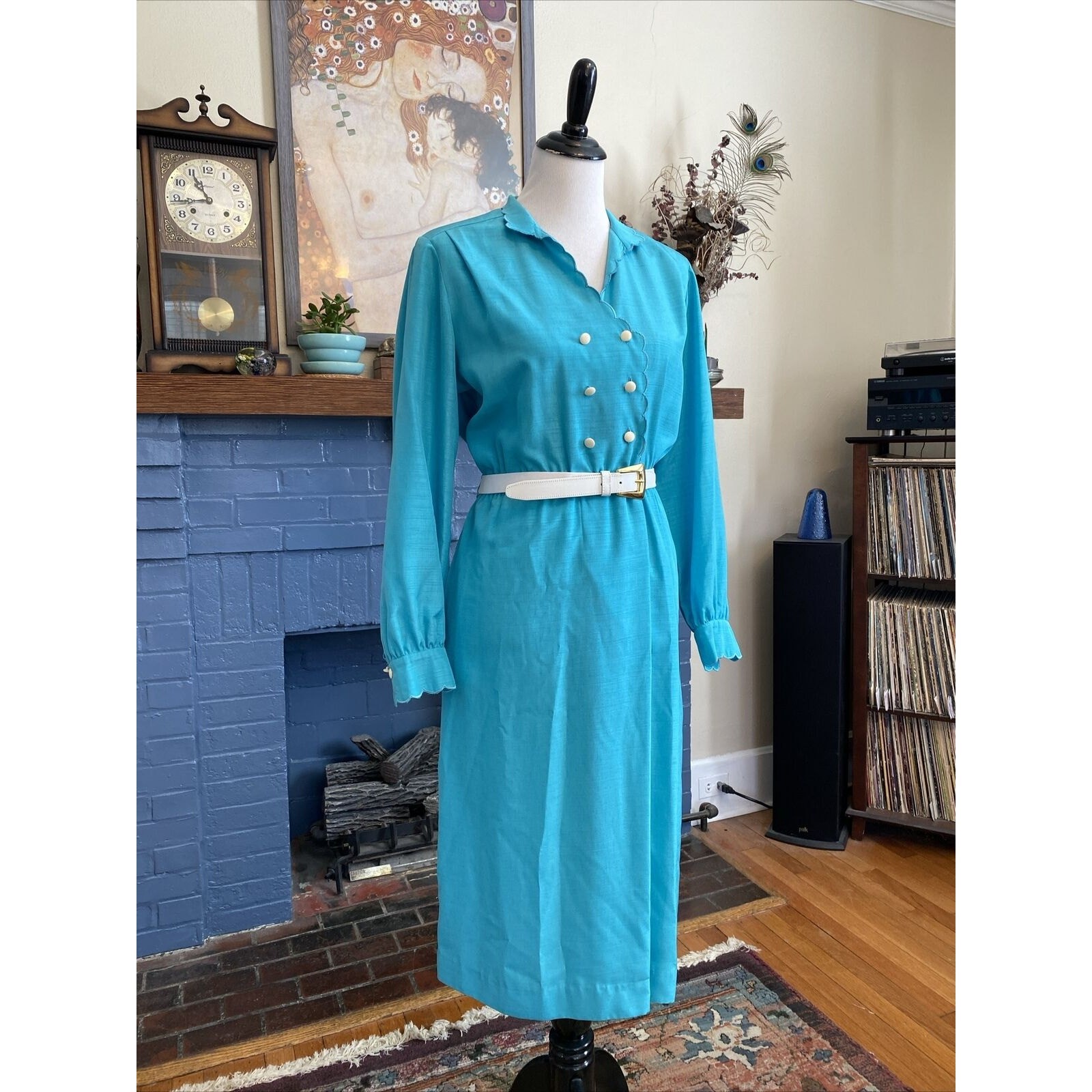 Vintage Schrader Sport Turquoise New York Belted Shirt Dress Size 8 S/M 80s