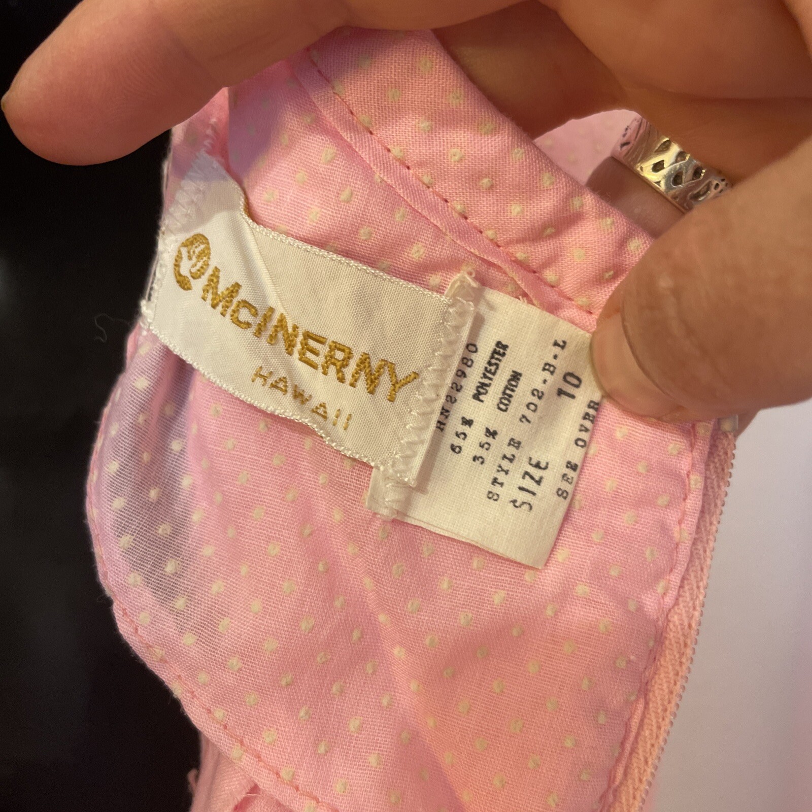 Vintage Hawaiian McINERNY Maxi Dress Pink Dot Swiss Sheer 3/4 Sleeves Size 10