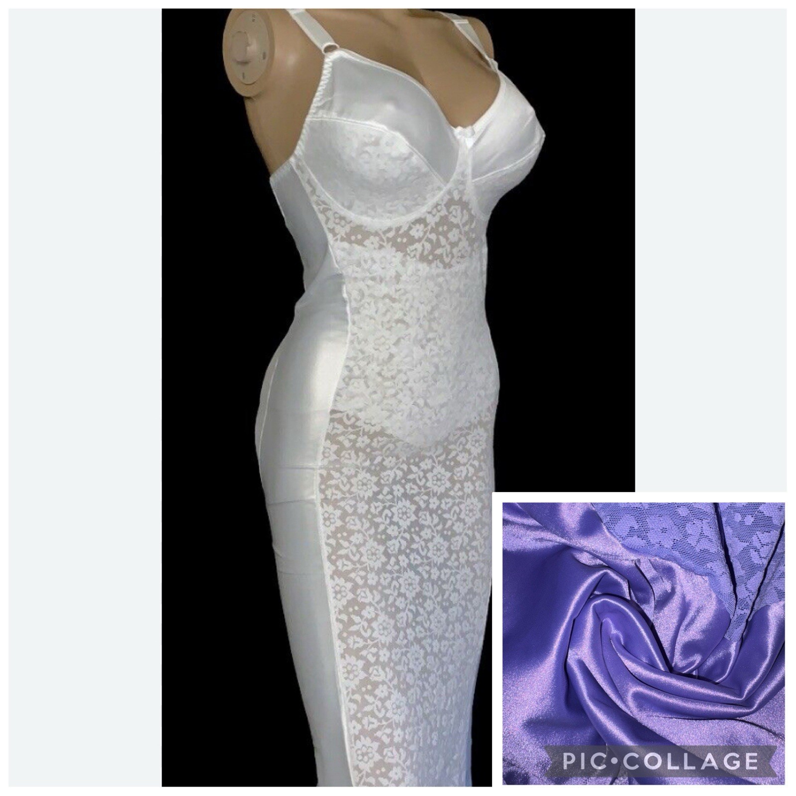 40 L Vintage TIGHT Purple Satin Lace Spandex Bra Girdle Full Slip Shaper