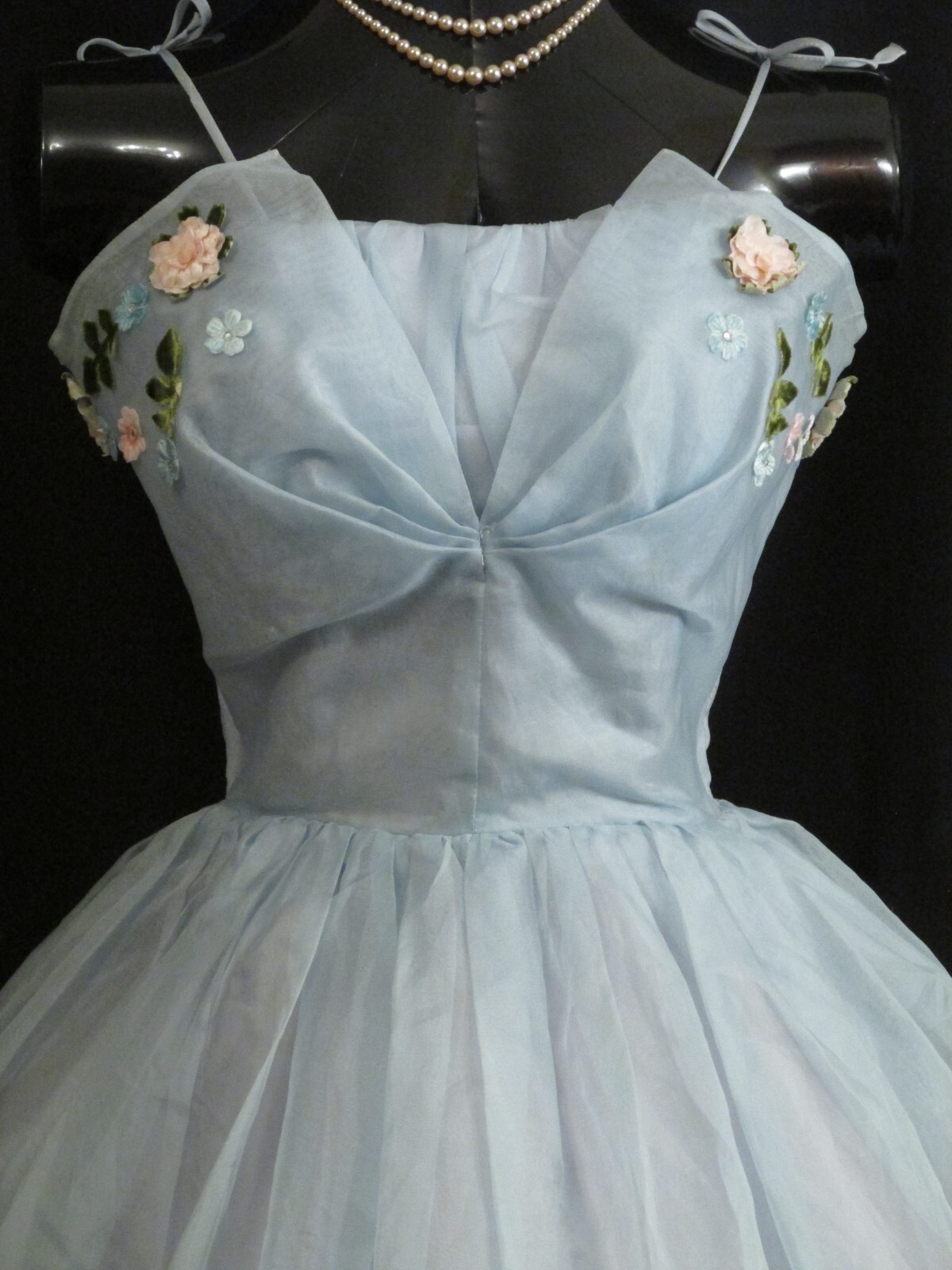 Vintage 50’s 50s Blue Applique Silk Chiffon Organza Party Prom Wedding DRESS