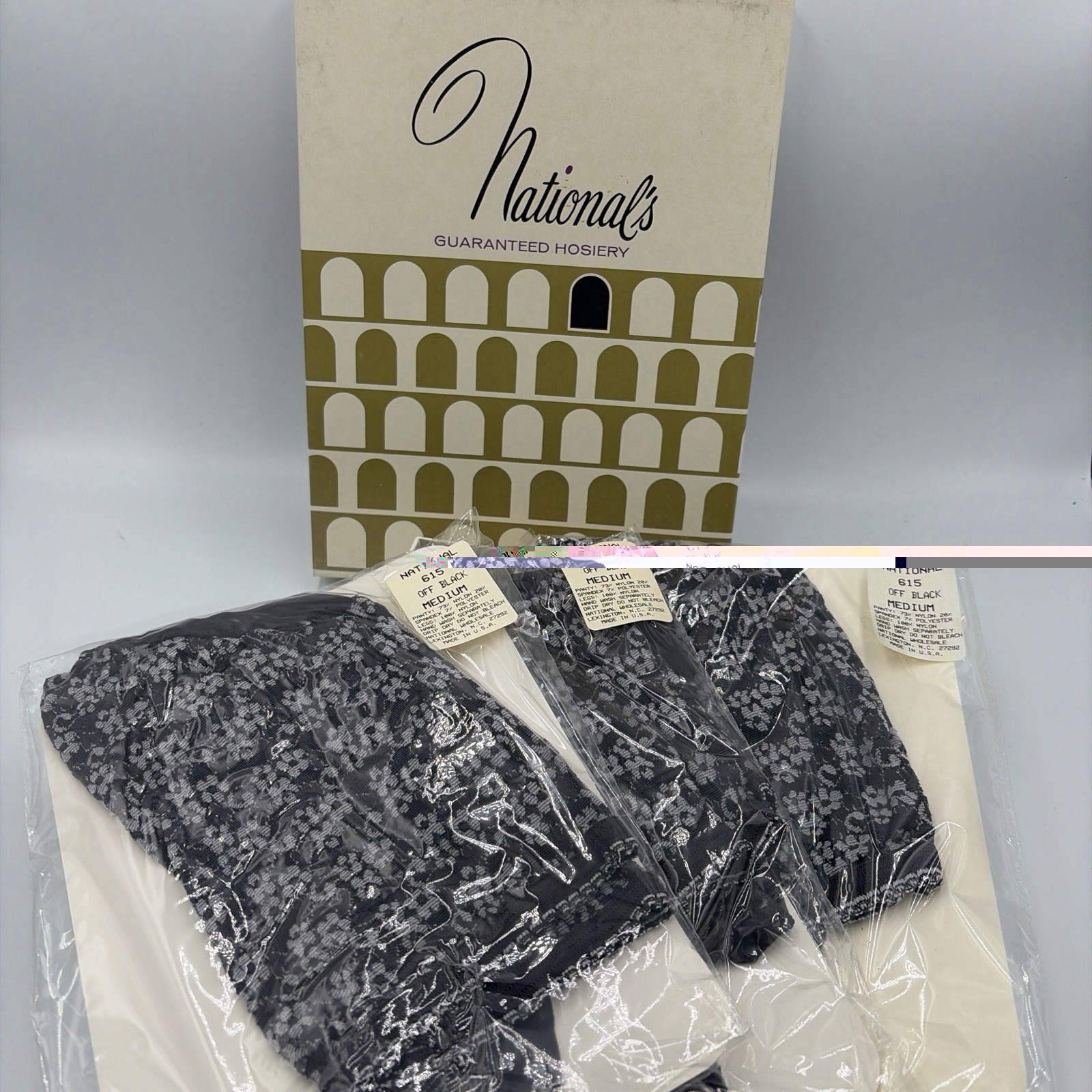 NIB! Vintage 615 Nationals Guaranteed Hosiery, Size Medium, Off Black, 3 pairs
