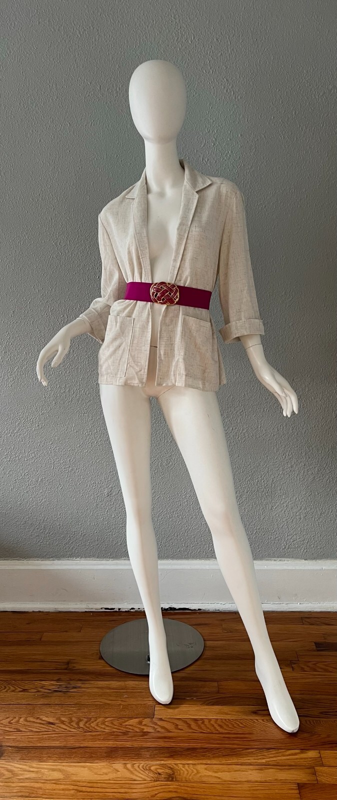 Vintage 70s Light Beige Oversized Thin Casual 3/4 Sleeve Open Blazer Jacket S