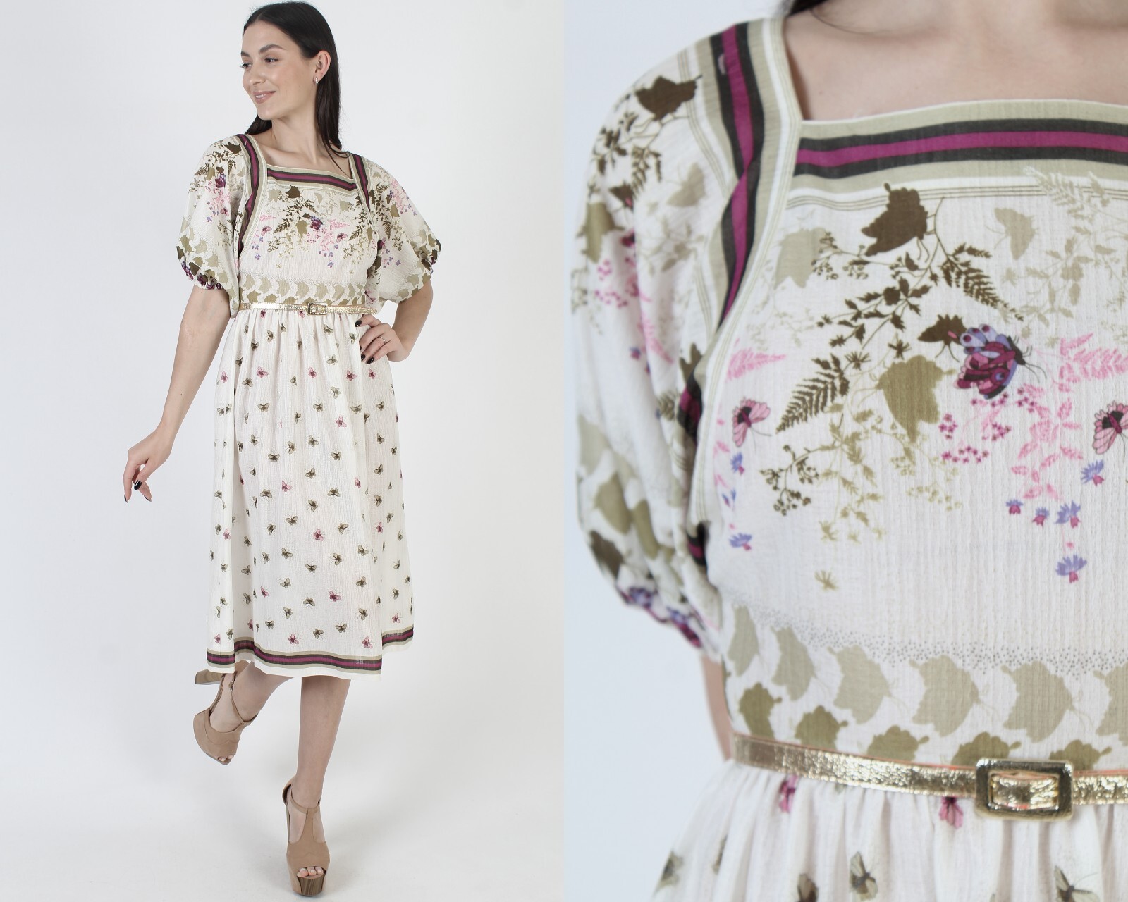 Vtg Butterfly Print Prairie Dress Lightweight Nature Leaf Summer Airy Sundress