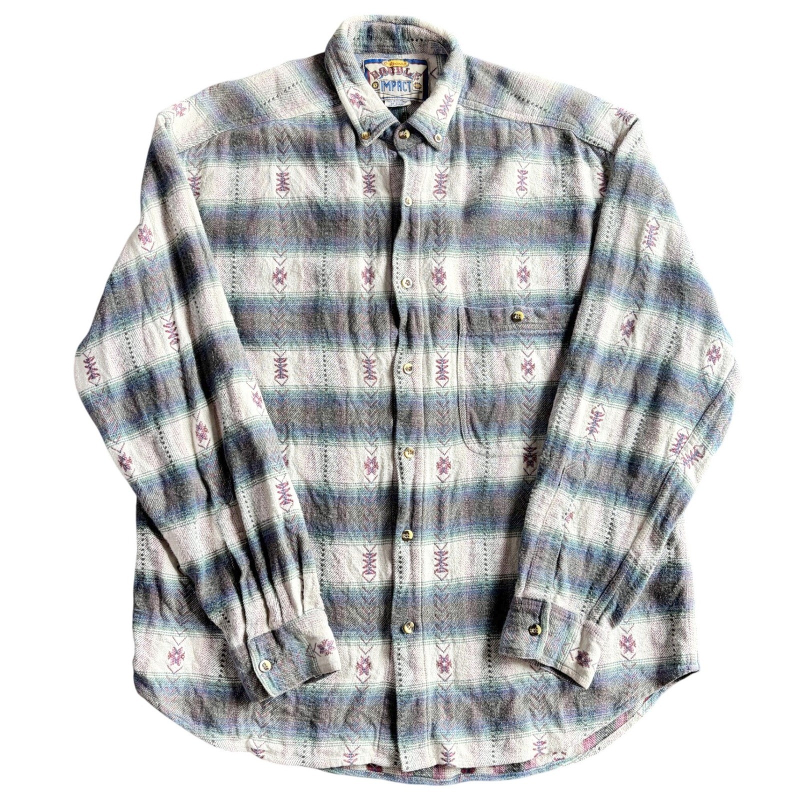 Vintage Double Impact Southwestern Aztec Flannel Shirt Mens Large Cotton Blue