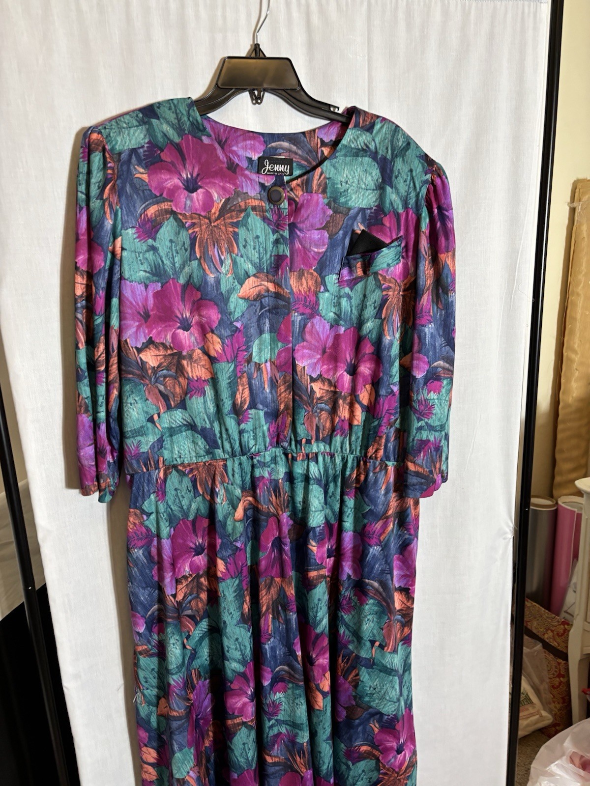 Vintage 90’s Jenny Dress Size 24 Purple Green Floral Long Sleeve Elastic Waist