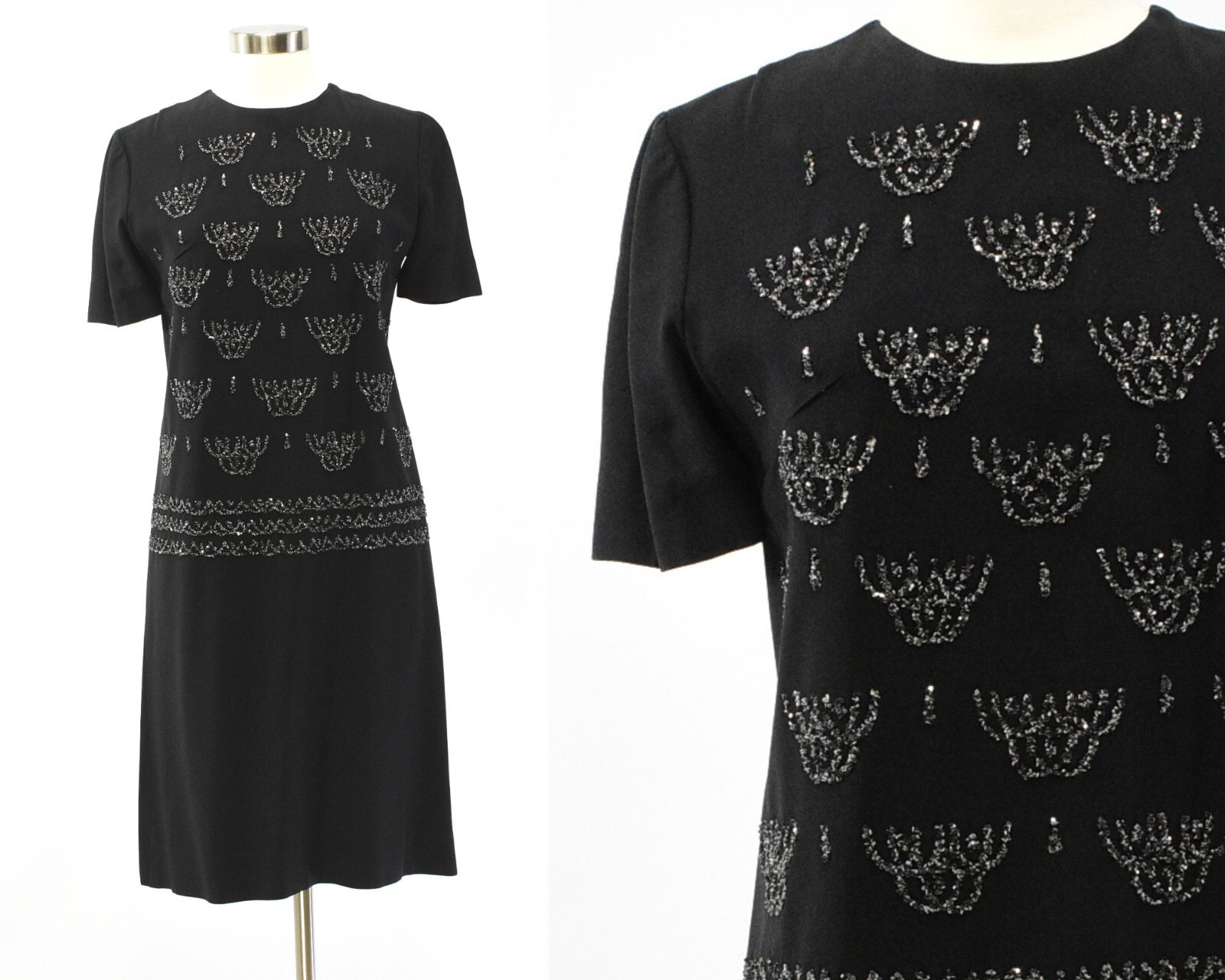 50s Vintage Women’s S Black Heavily Beaded Shift Dress