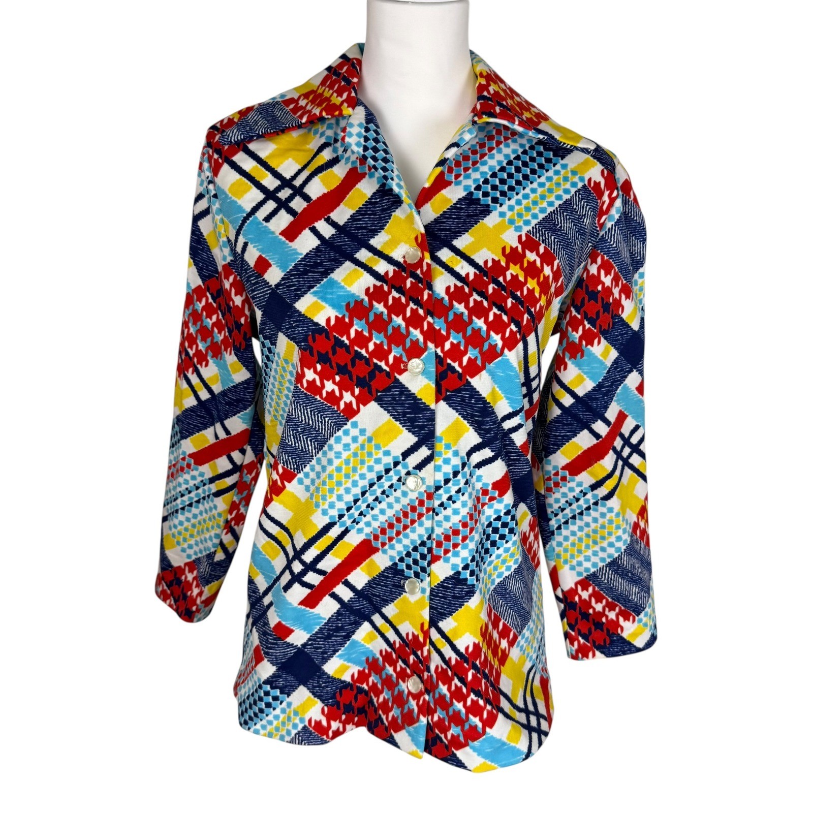 Vintage Bogart of Texas 70s Geometric Patchwork Button Front Shirt Multi Color M