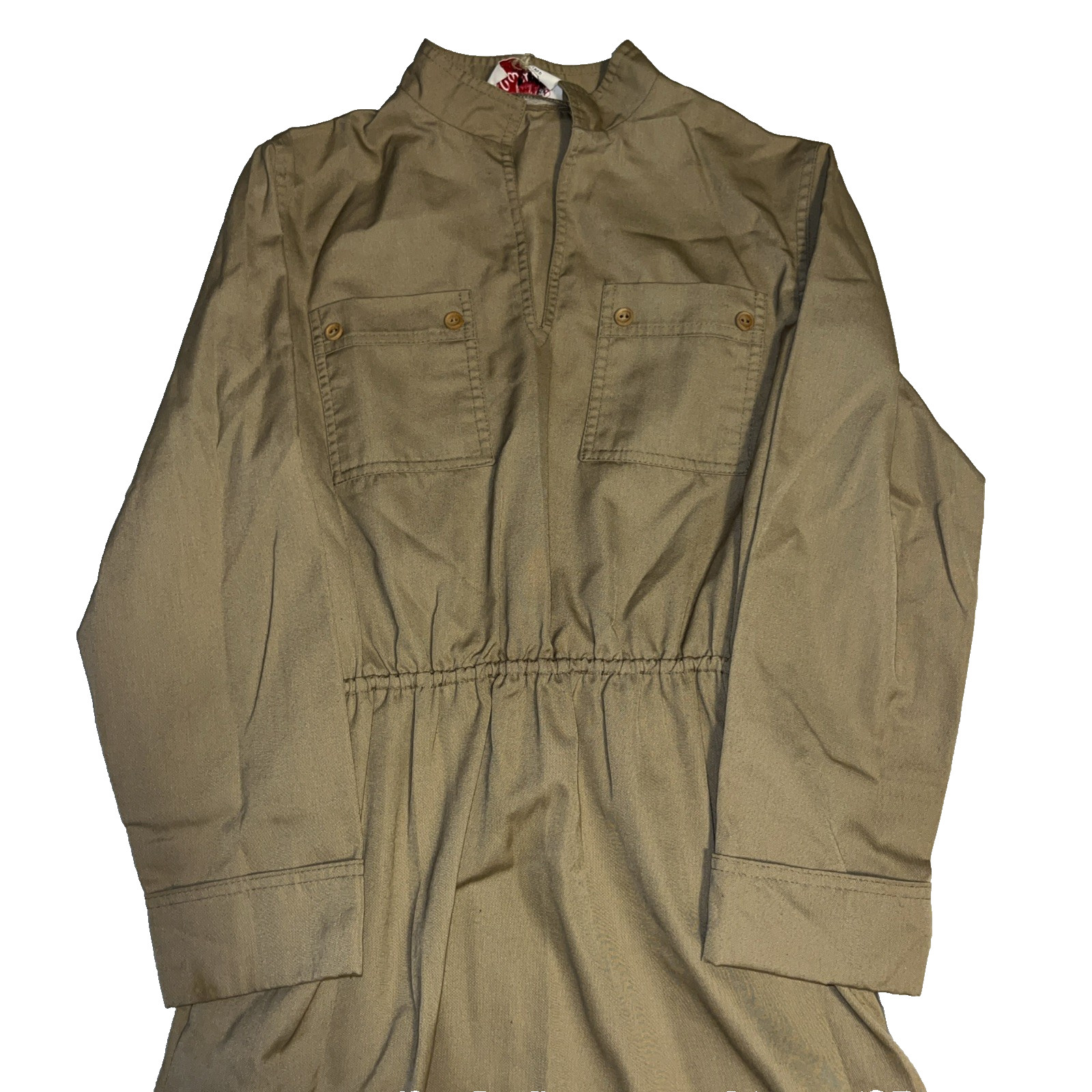 Caron Vintage Army Dress Beige Long Sleeve Pockets Mock Neck Medium Maxi Khaki
