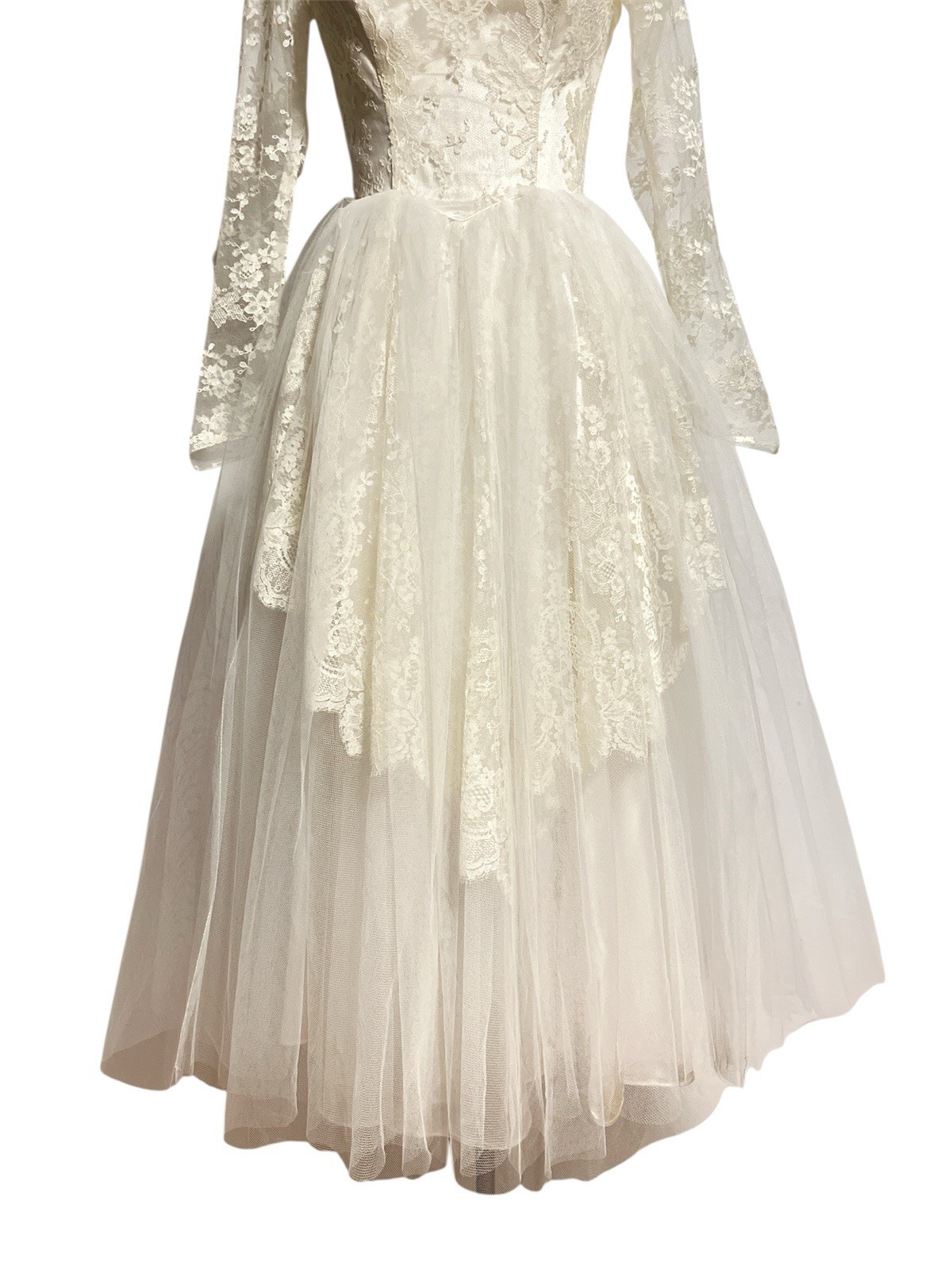 VTG 1950s 60s Lace Tea Length Wedding Dress XS Audrey Hepburn Modest MCM Bride