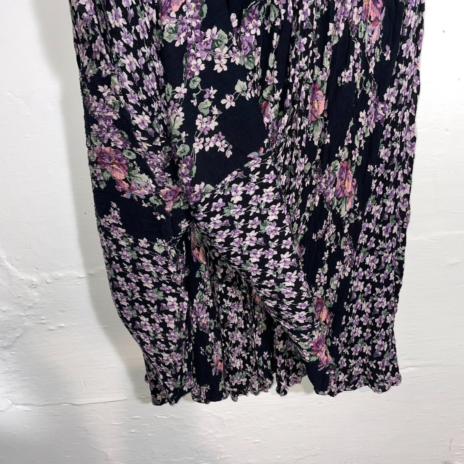 Vintage Rayon Floral Maxi Dress Black Pink Purple Size L Broadway Star