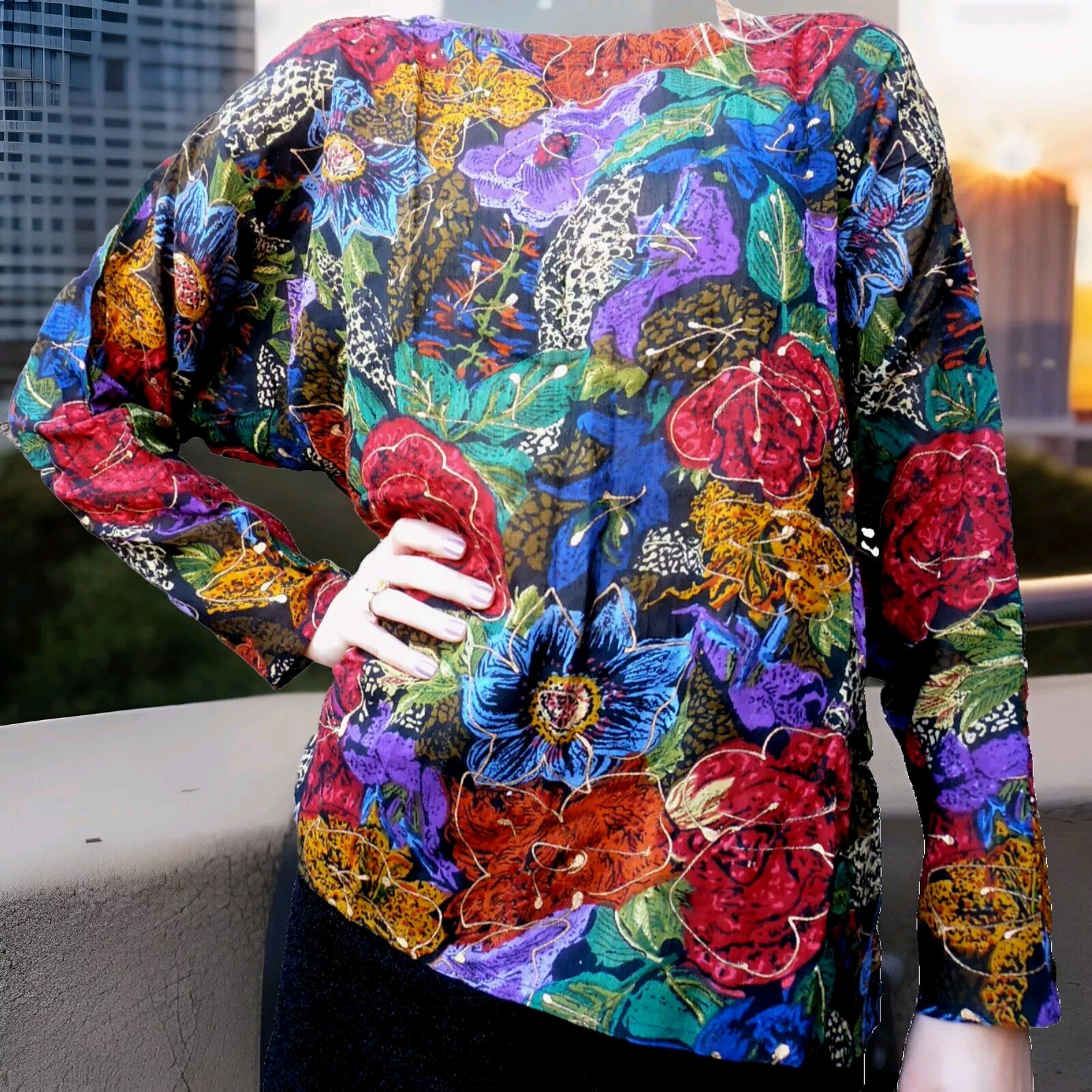 Vintage Blouse Roses Splash Art Indian Rayon Grunge 90s ZASHI INDIA Size M New