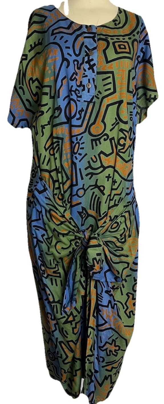 90s RARE Haring Style Pop Art Graphic Dress Dancing Figures Passport Pier 1 Sz.S