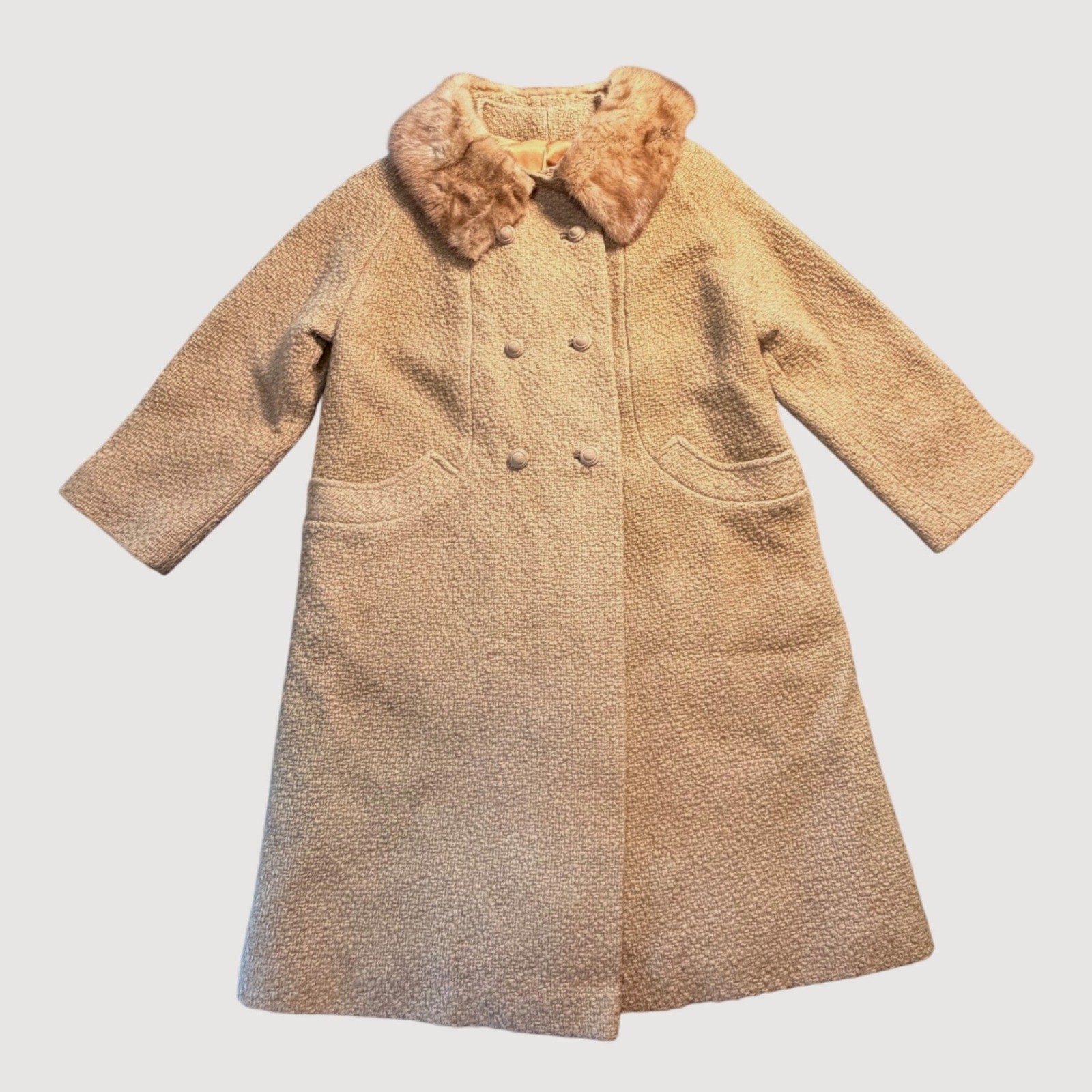 Circa 50s VTG Mid-Century Wool Bouclé Silk Lined Honey Mink Collar Winter Coat
