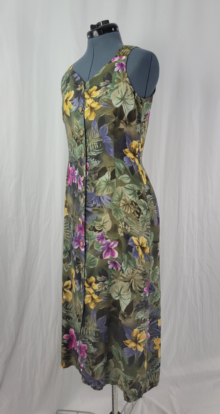 Vintage Erika Mossy Green Floral Sundress w Button Down Front Size Med Petite