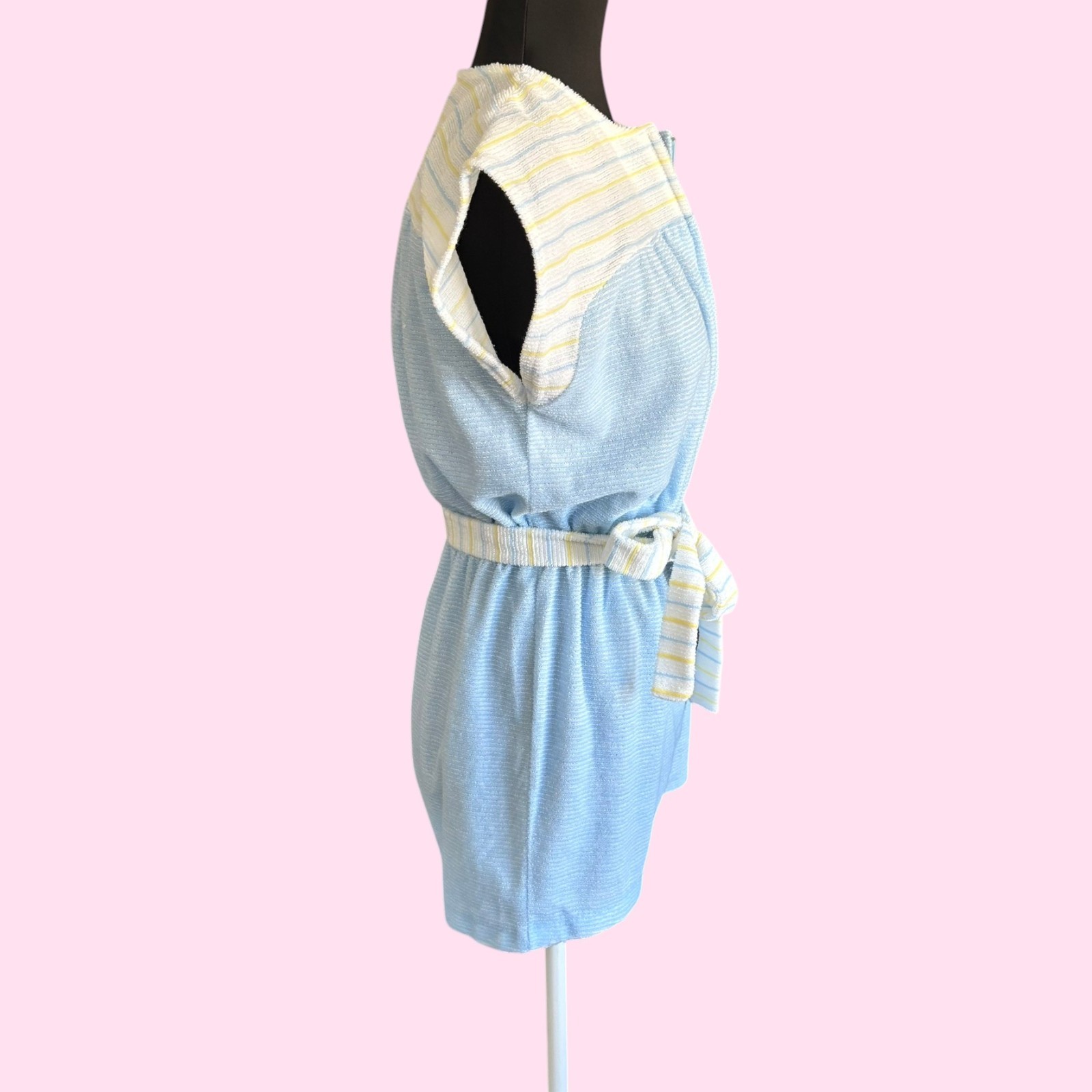 Vintage 70s Pastel Blue Striped Terry Cloth Romper Playsuit by Gina Size M