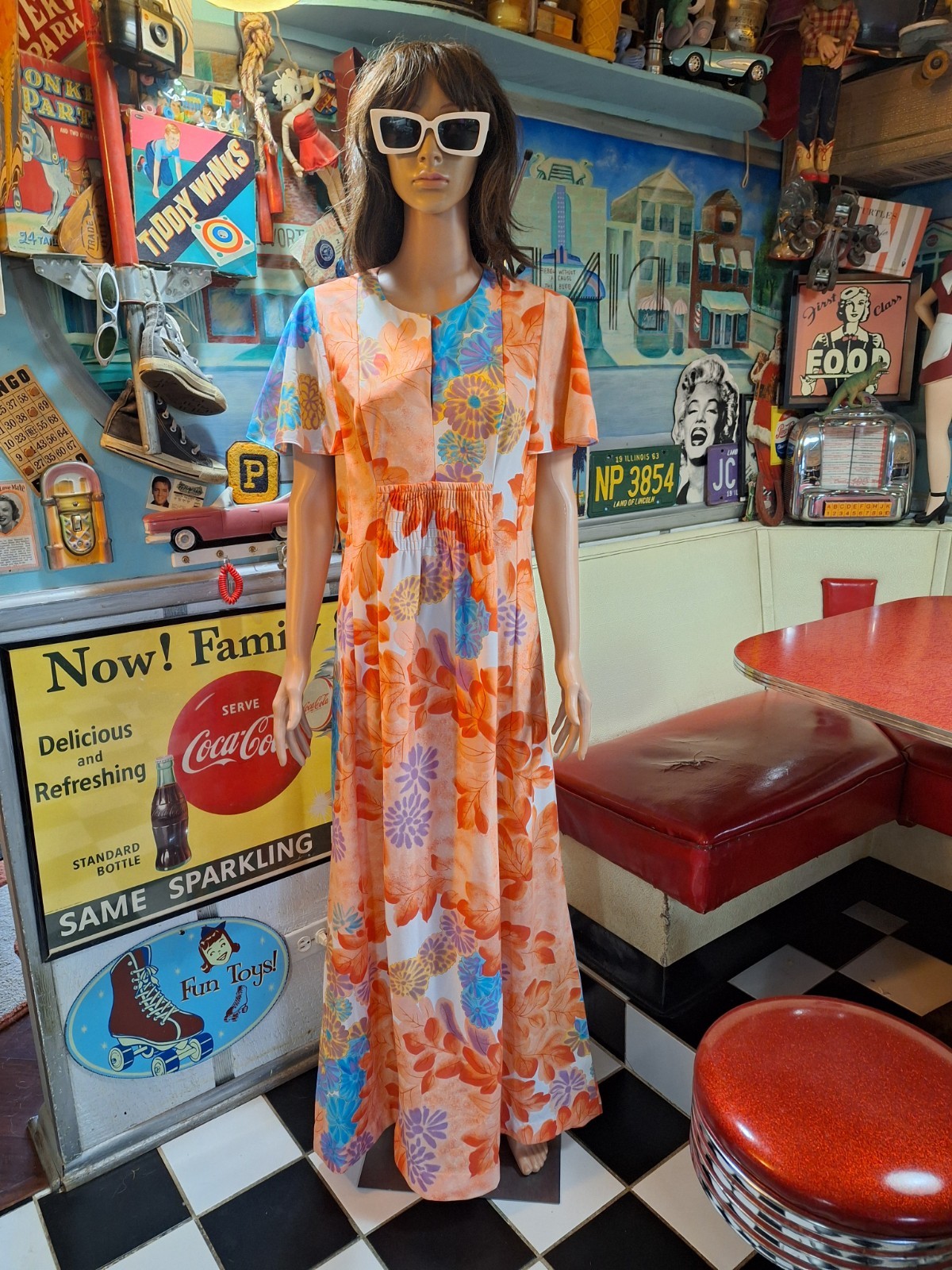 True VTG 1970s MALIHINI HAWAII Mid-century Mod Polyester Maxi Dress Muu Muu L