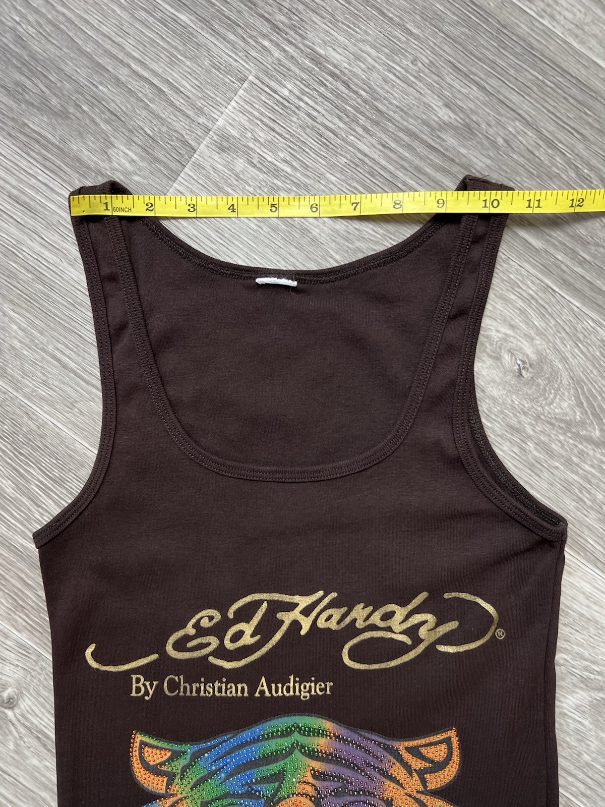 Vintage Ed Hardy Christian Audigier Tiger Rhinestone Ombre Tank Dress Brown Y2K